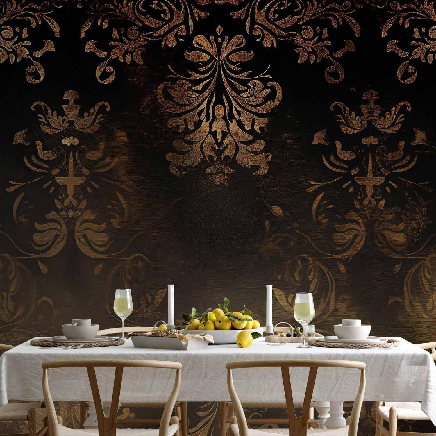 Papier peint - Baroque Ornaments in Patinated Gold and Browns: Retro Motif