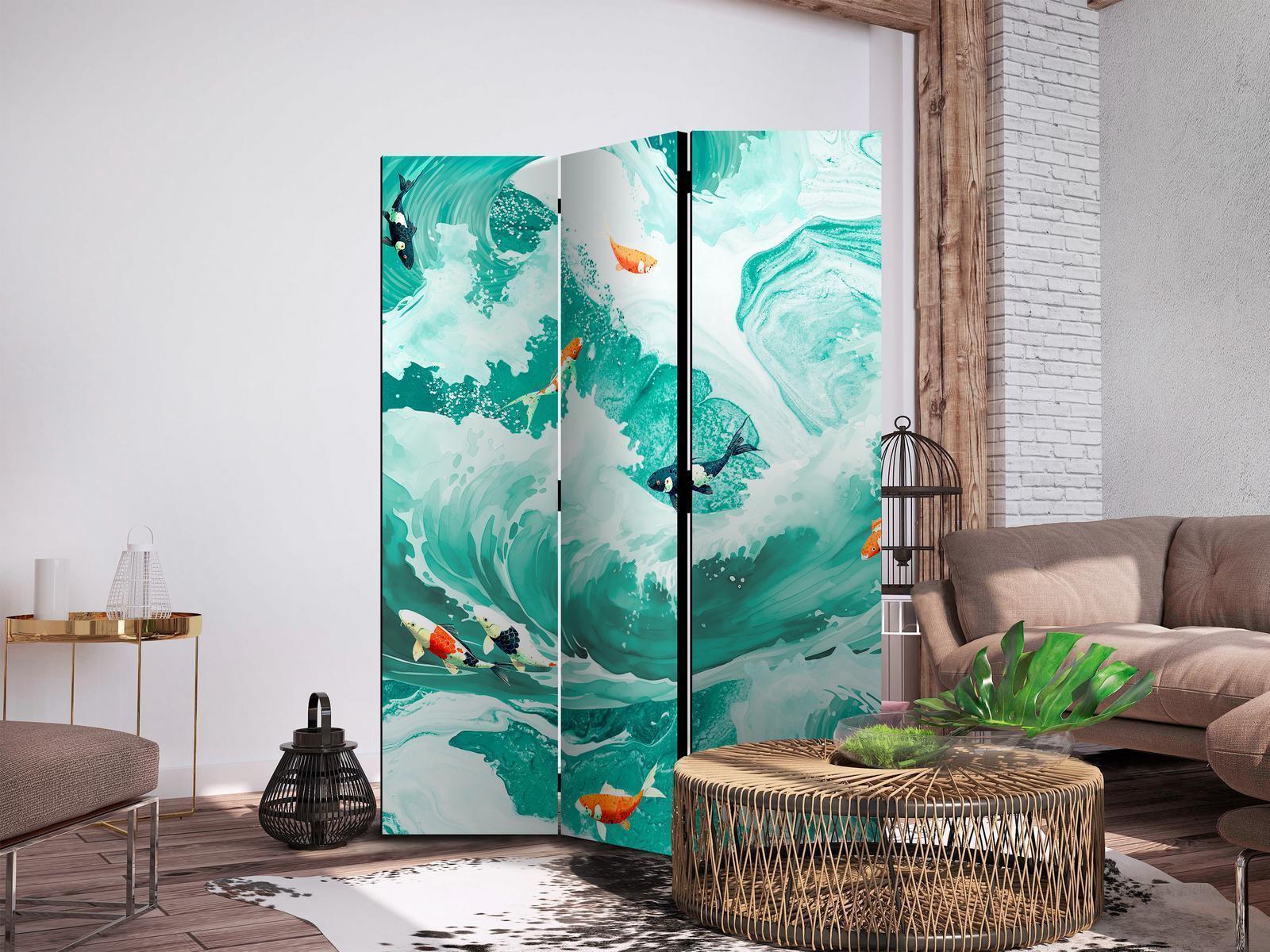 Paravent - Koi Fish Among Waves - Japanese Fish Among Waves in Shades of Turquoise And White