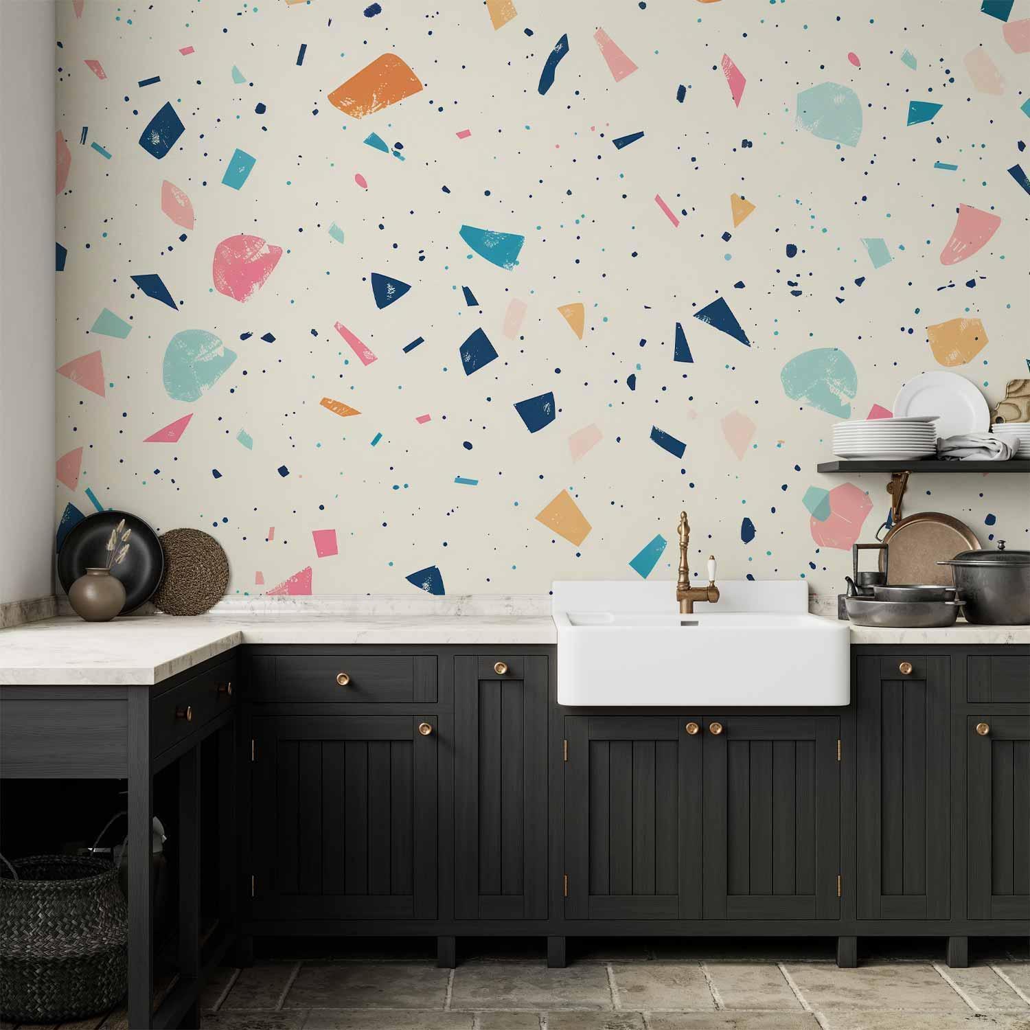 Papier peint - Terrazzo with Multicolored Large Elements Cheerful Pattern on a Light Background