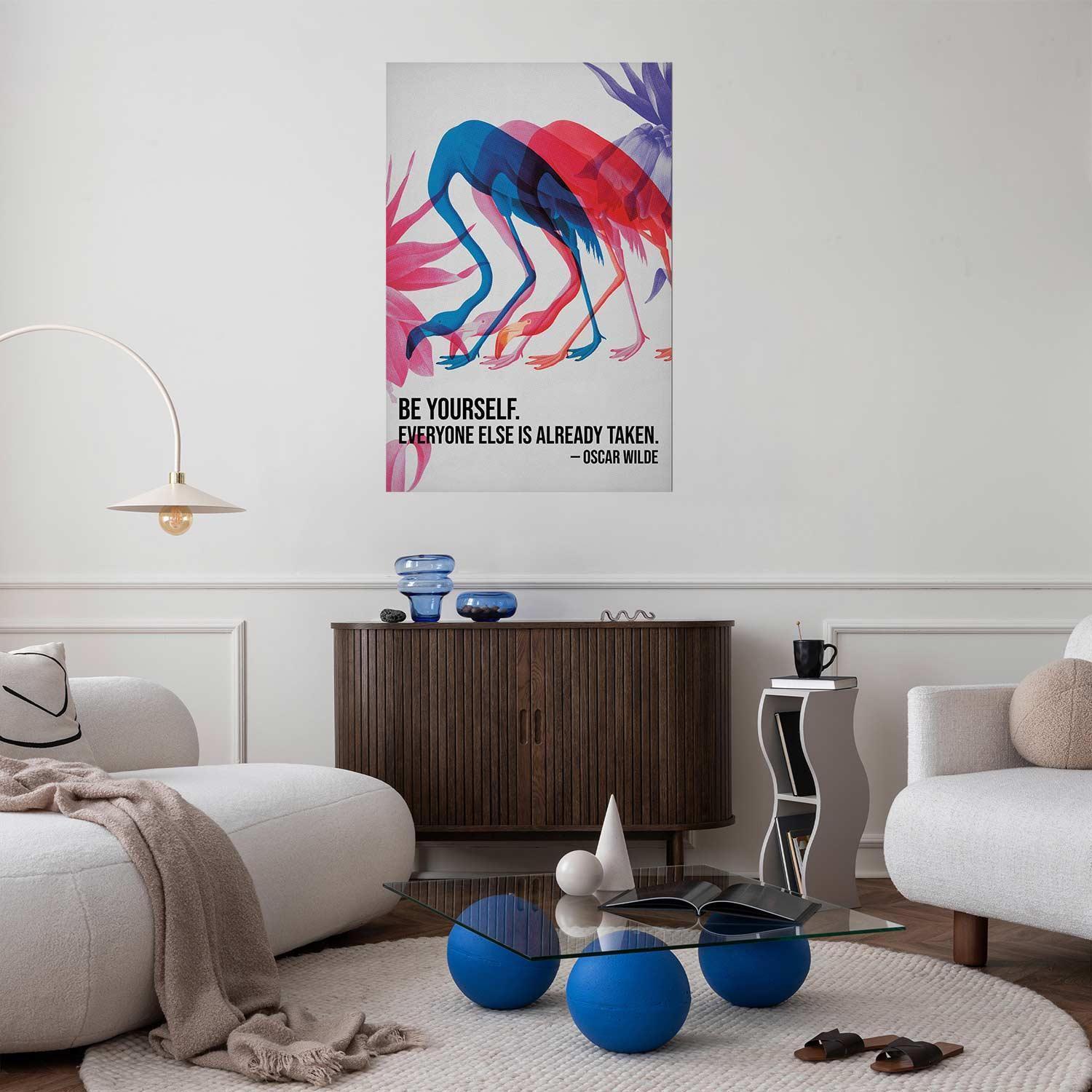 Poster - Colorful Repetition - three flamingo silhouettes with an inspiring quote