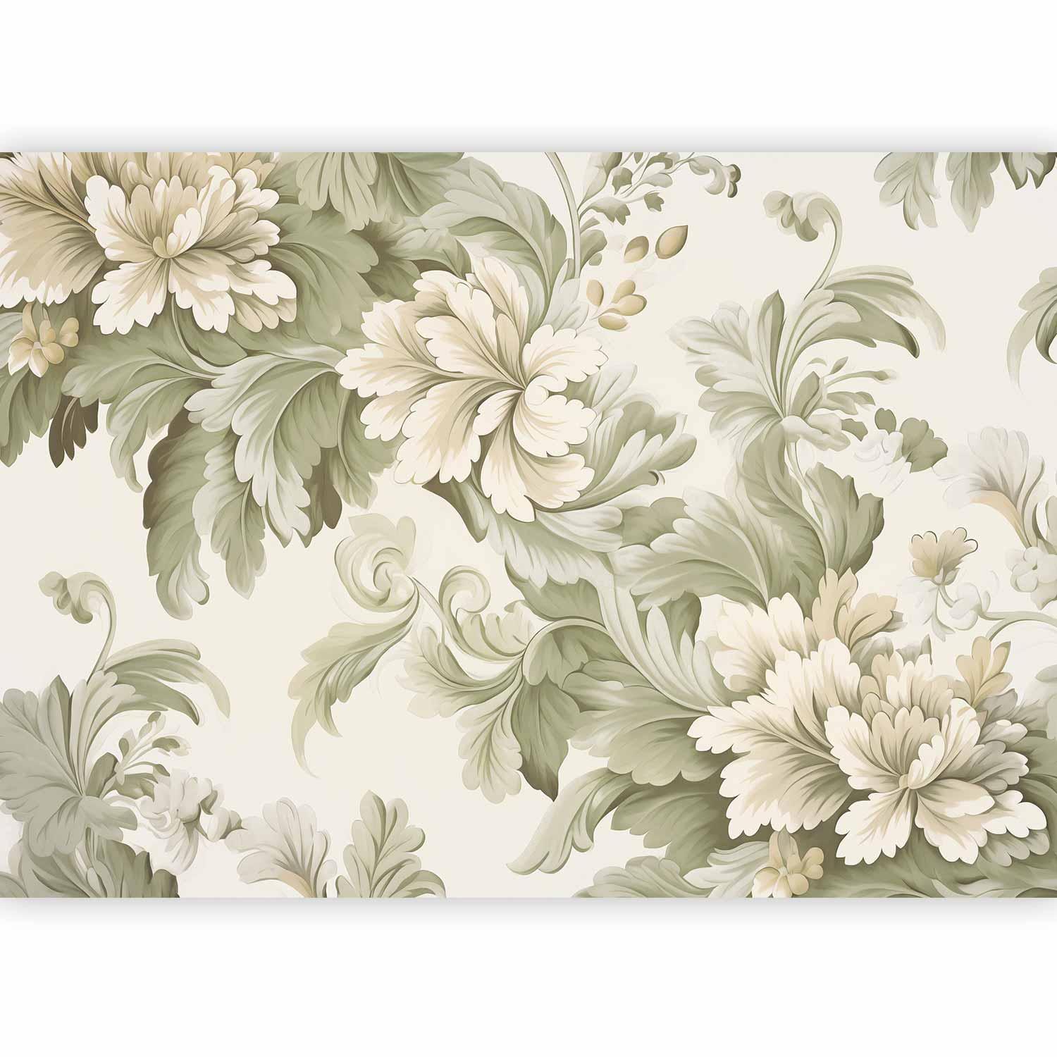 Papier peint - Retro Vintage Flowers in Delicate Cream and Green Colors