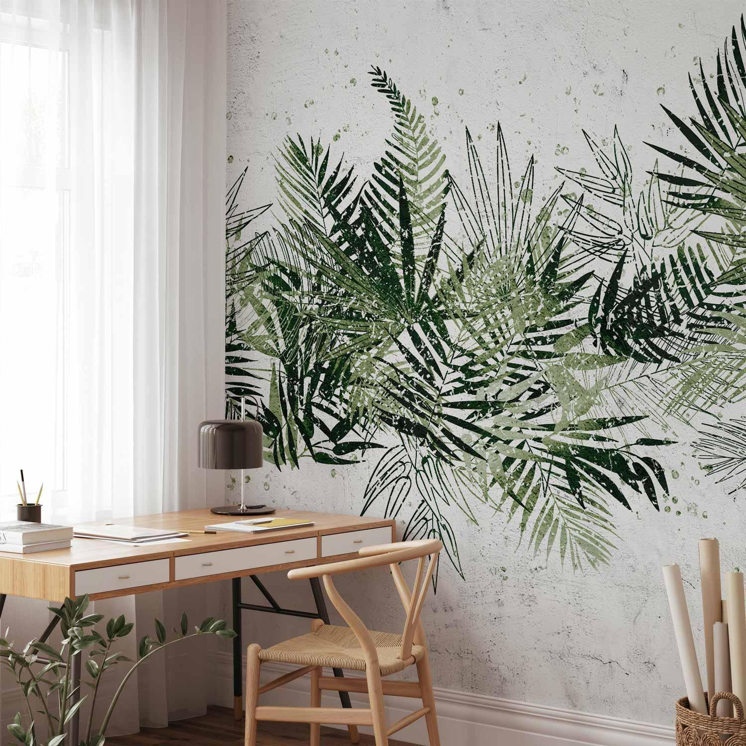 Papier peint - Jungle and green plume - large tropical leaves on a white background