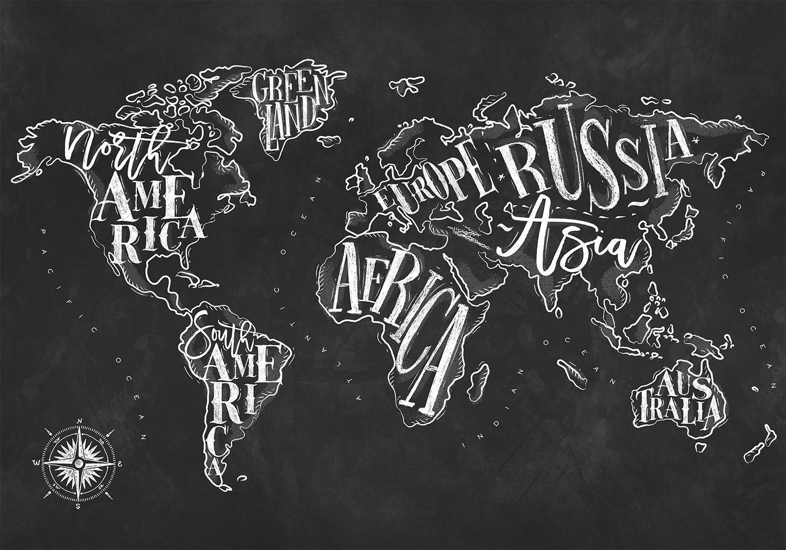 Papier peint - Modern world map - black and white continents with English names