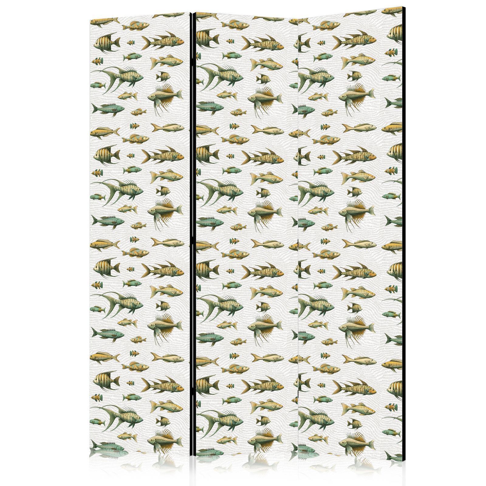 Paravent - Unusual Species of Fish - A Cluster of Fish in Muted Colors in Retro Style on a Background of Beige Strokes