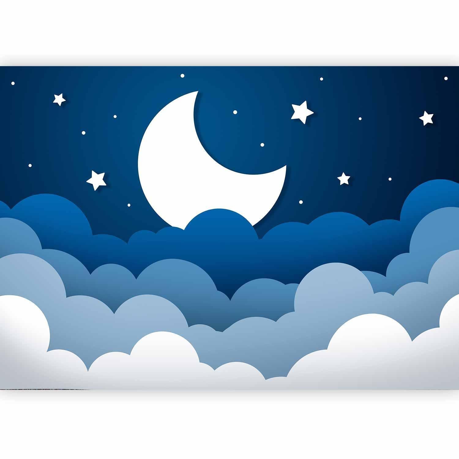 Papier peint - Moon dream - clouds on a dark blue sky with stars for children