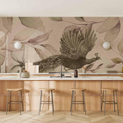 Papier peint - Bird among the leaves - floral motif with a flying peacock in cool tones
