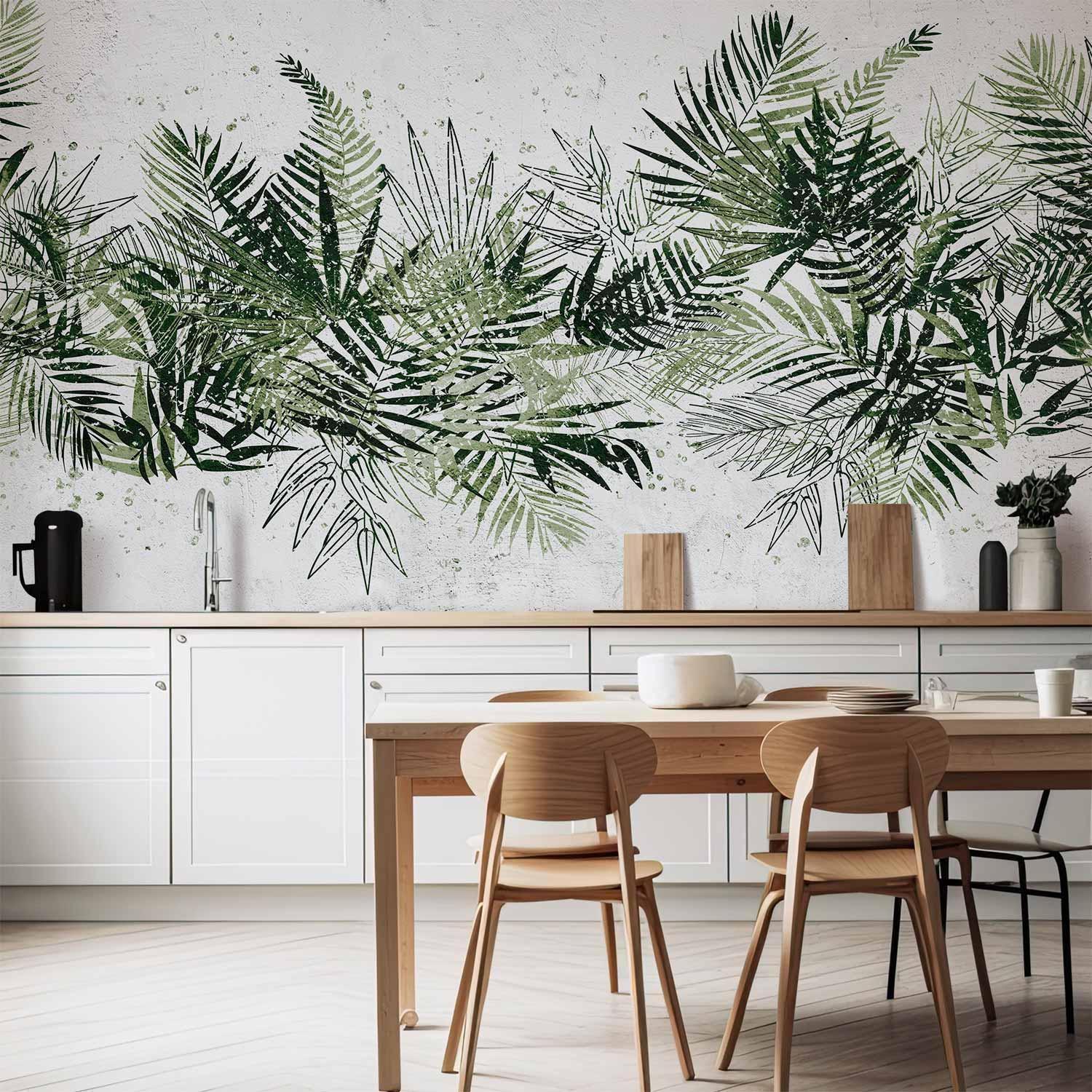 Papier peint - Jungle and green plume - large tropical leaves on a white background