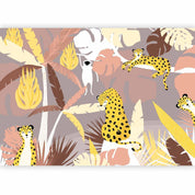 Papier peint - Cheetahs in the jungle - landscape with exotic animals with palm trees for children