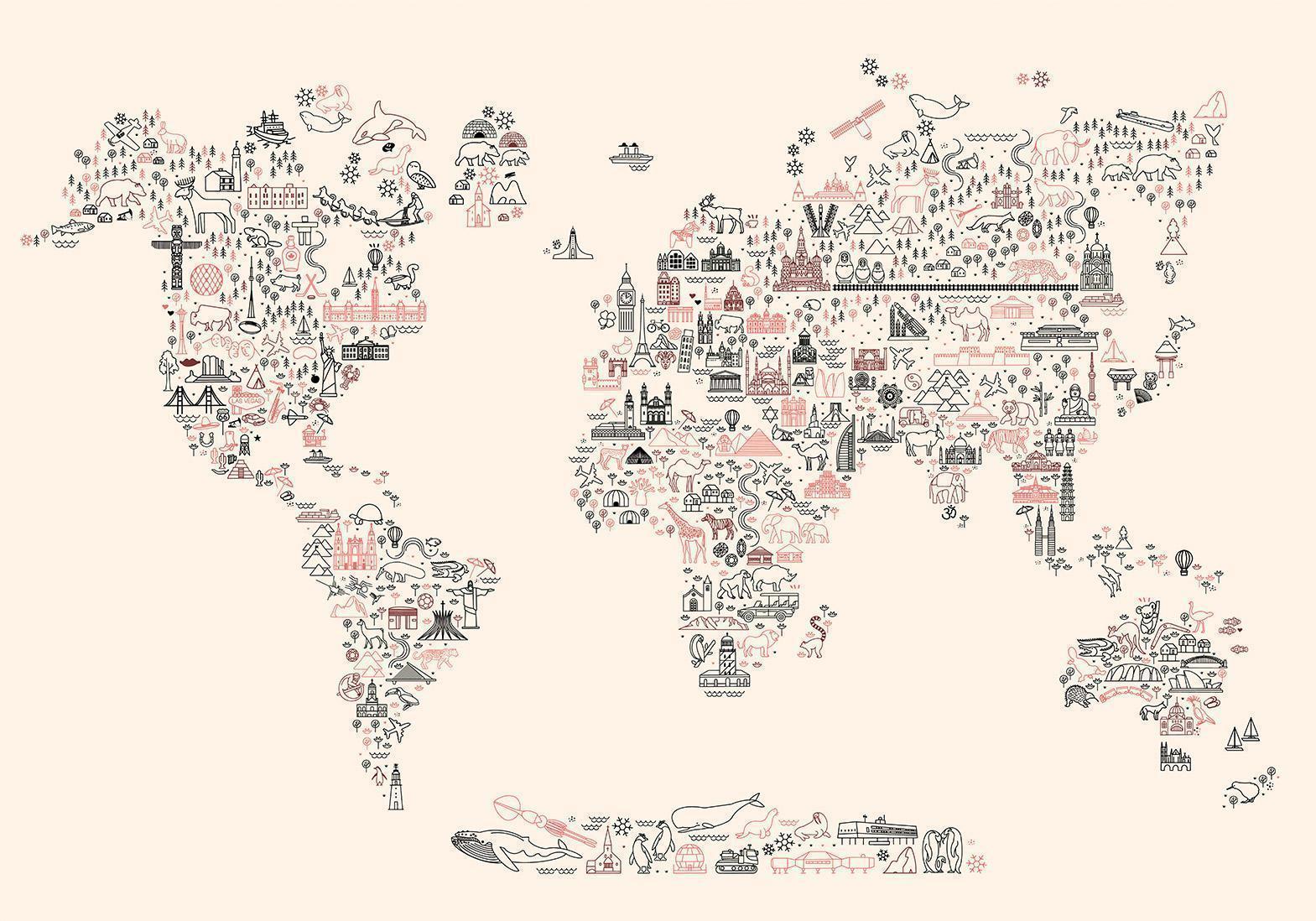 Papier peint - Map With Icons - Cartoon Representation of the World in Pastel Colours