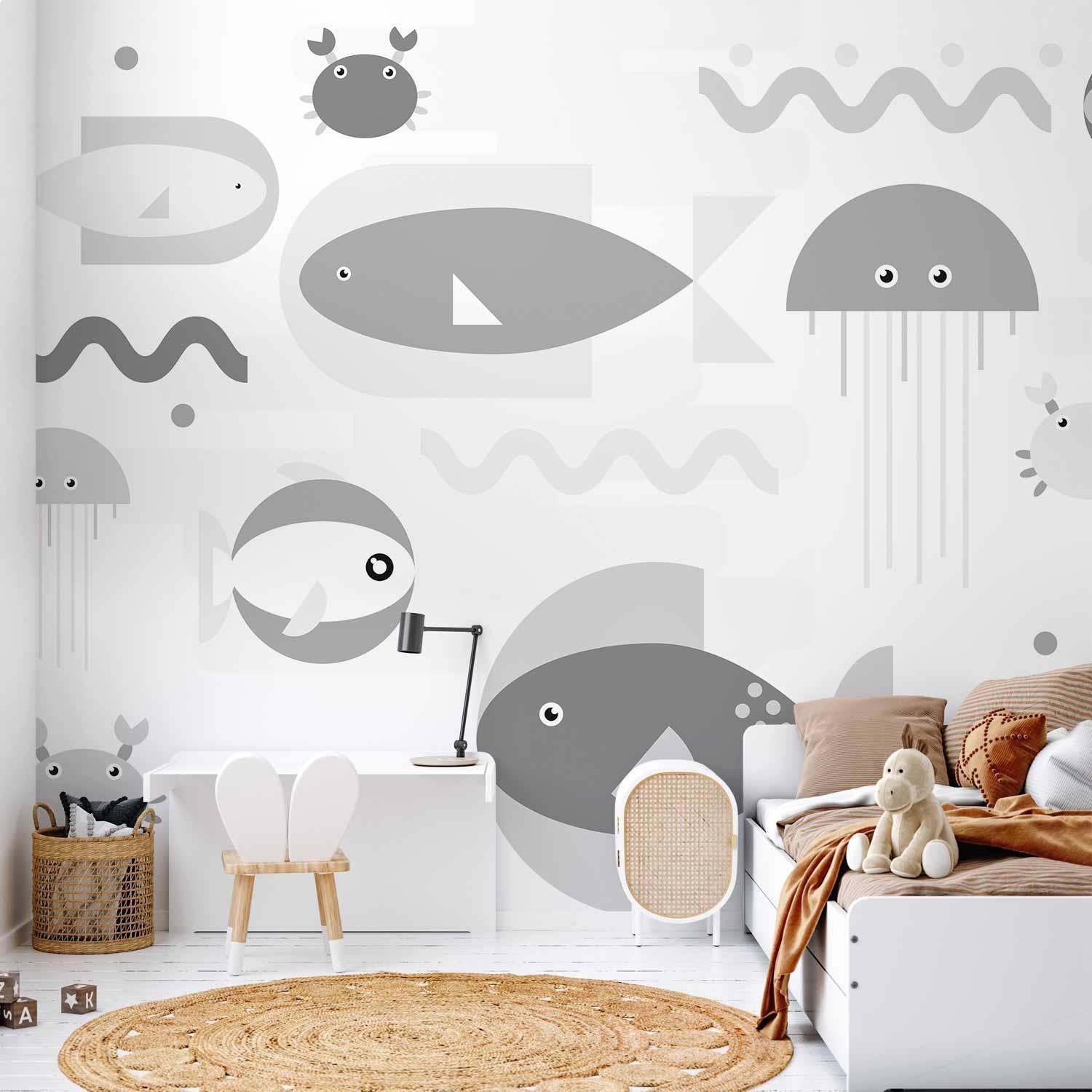 Papier peint - Minimalist grey ocean - geometric fish in water for children