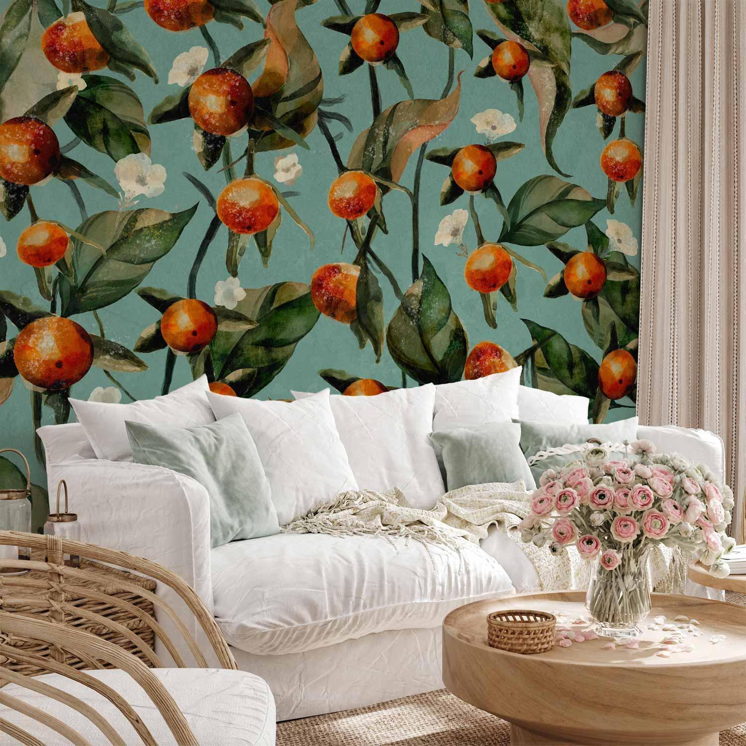 Papier peint - Orange grove - plant motif with fruit and leaves on a blue background