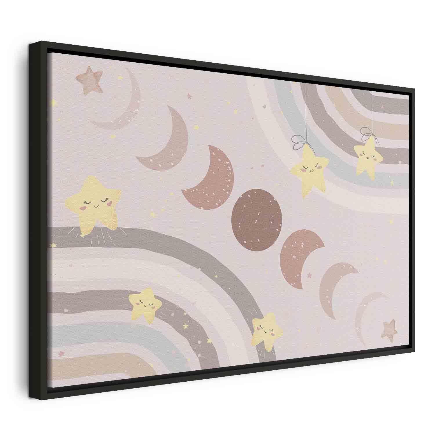 Tableau - Joyful Sky - Yellow Cheerful Stars with a Rainbow Against the Phases of the Moon in a Light Beige Sky Hue