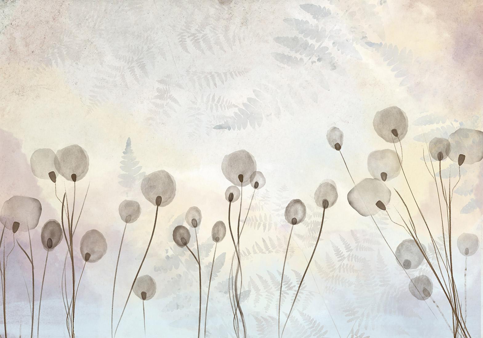 Papier peint - Minimalist meadow - floral motif in light shades with reflections