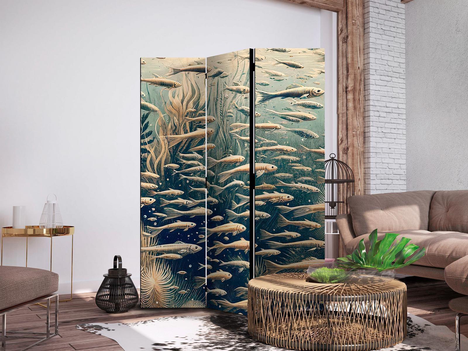 Paravent - Life in the Ocean - Underwater World of Fish and Vegetation in Beige and Navy Colors in Retro Style