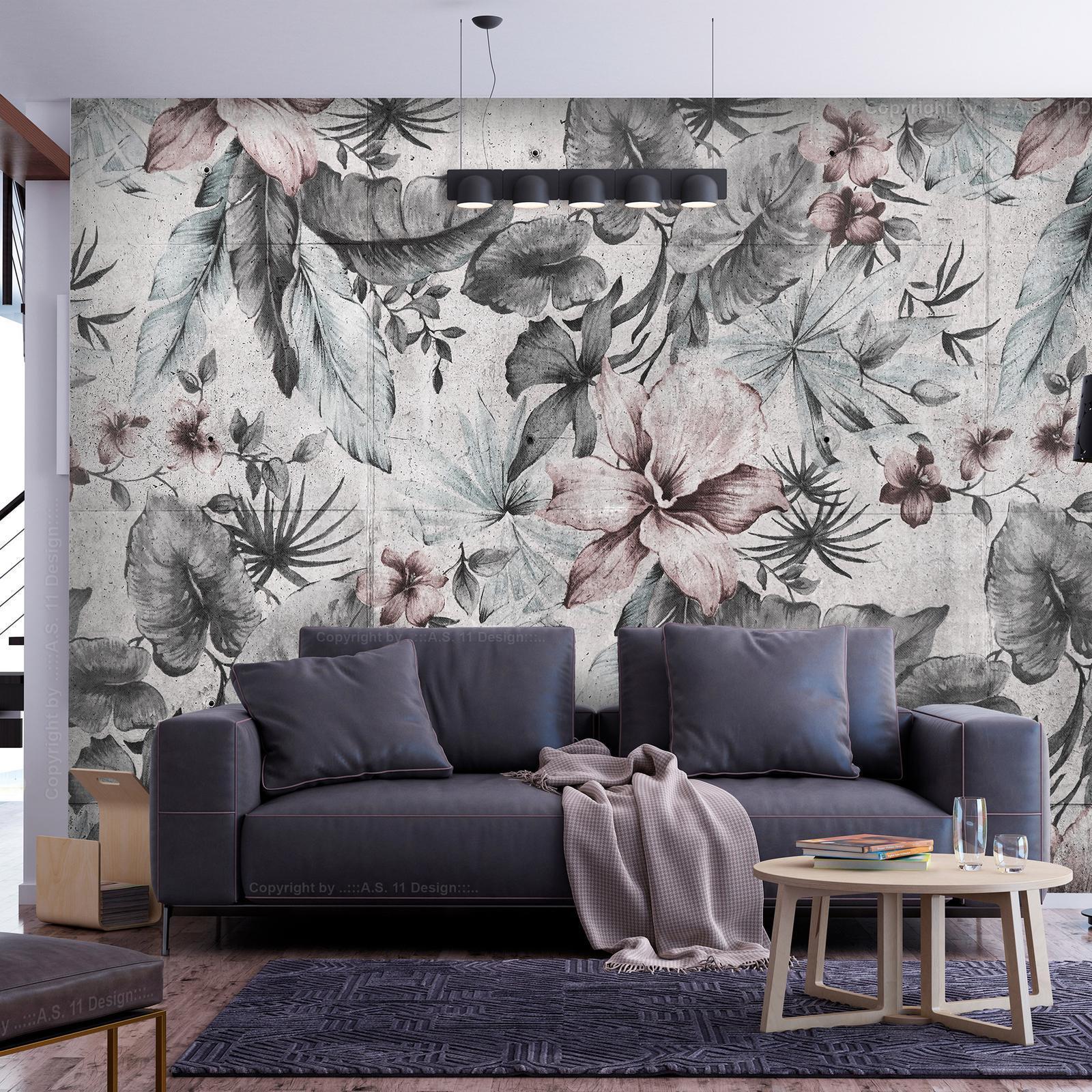 Papier peint - Nature in retro style - landscape with leaves and flowers in grey tones