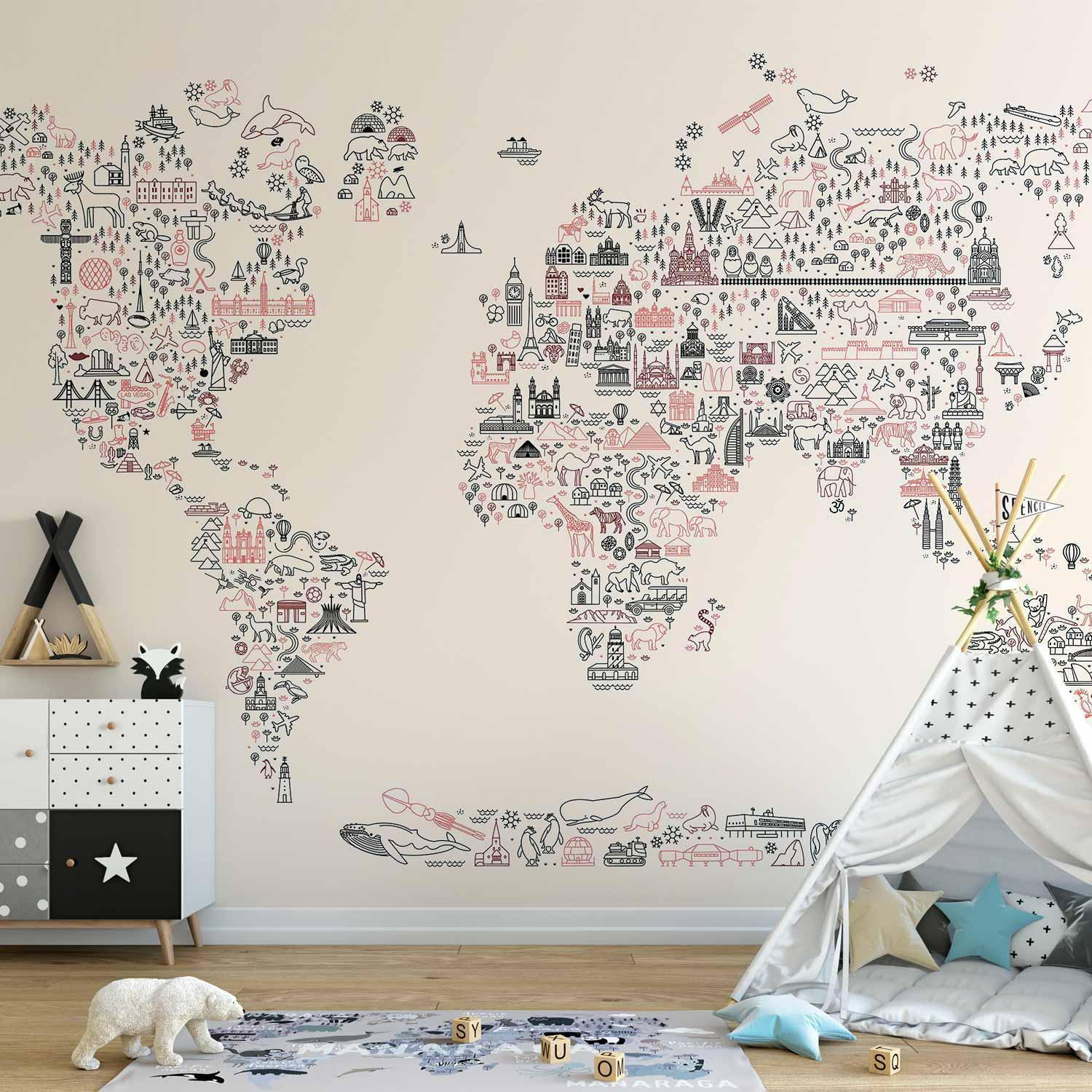 Papier peint - Map With Icons - Cartoon Representation of the World in Pastel Colours