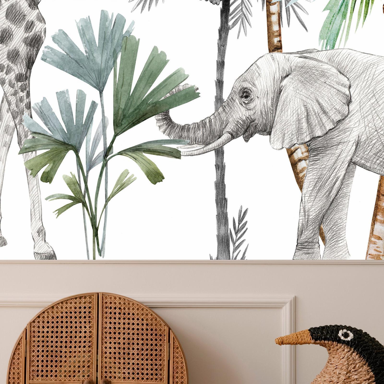 Papier peint - Jungle Animals Wallpaper for Children's Room in Cartoon Style