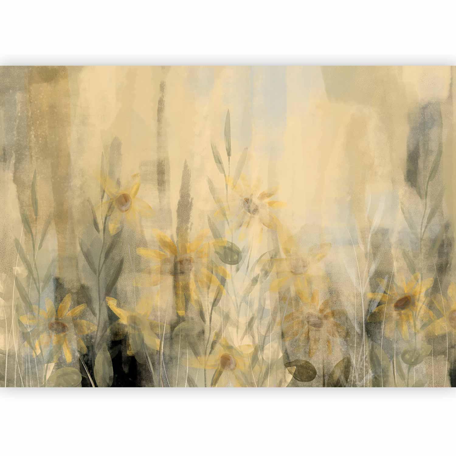 Papier peint - A touch of summer - floral motif with a meadow full of yellow flowers and grasses