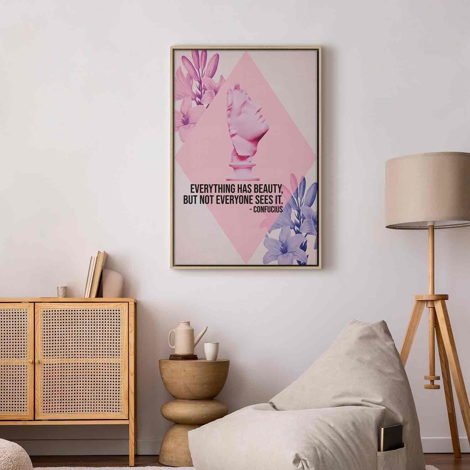 Tableau - Beauty in the Eyes - Inspirational Quote with Pink Bust and Flowers