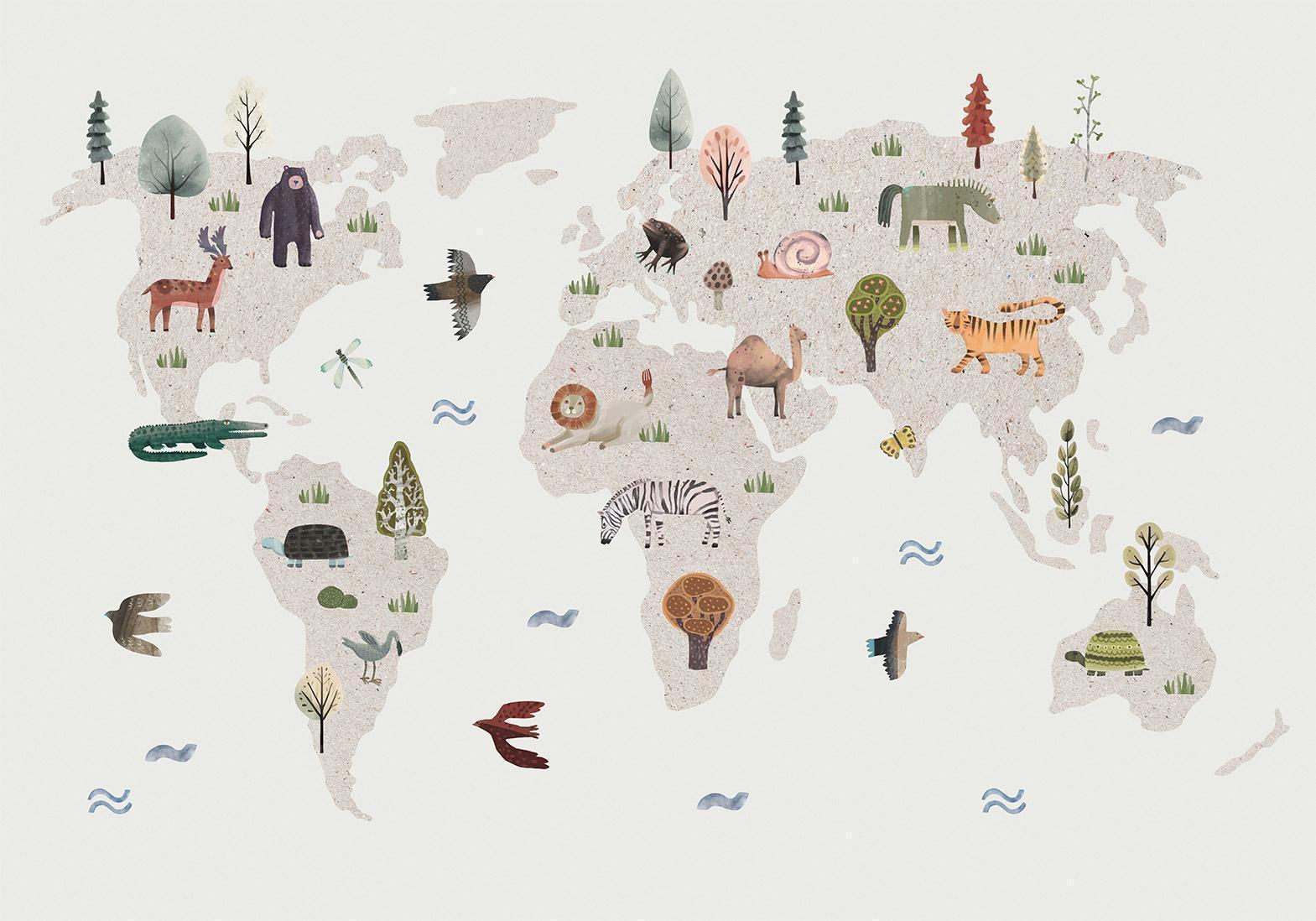 Papier peint - Beige World - Continents With Animals in Muted Colours