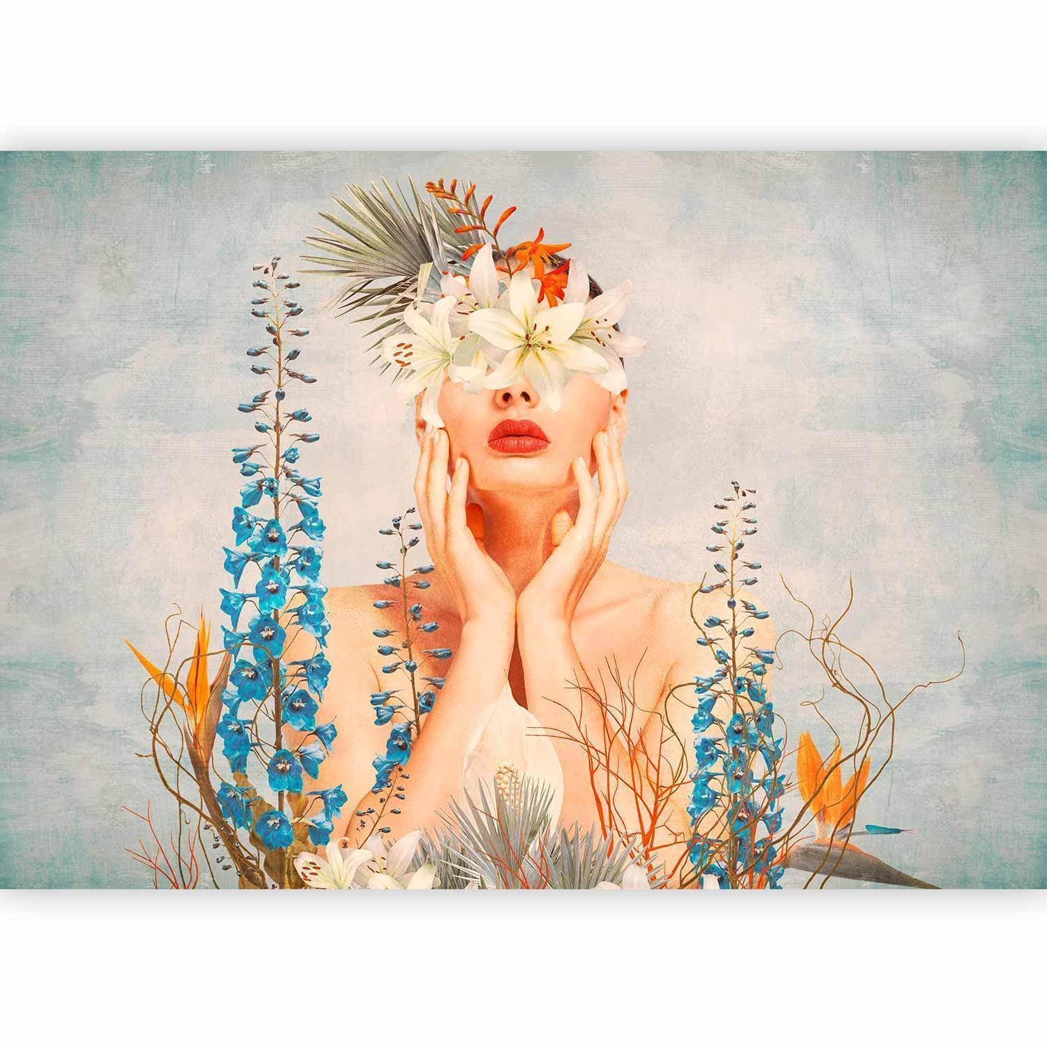 Papier peint - Nature in thought - female figure among flowers on a patterned background