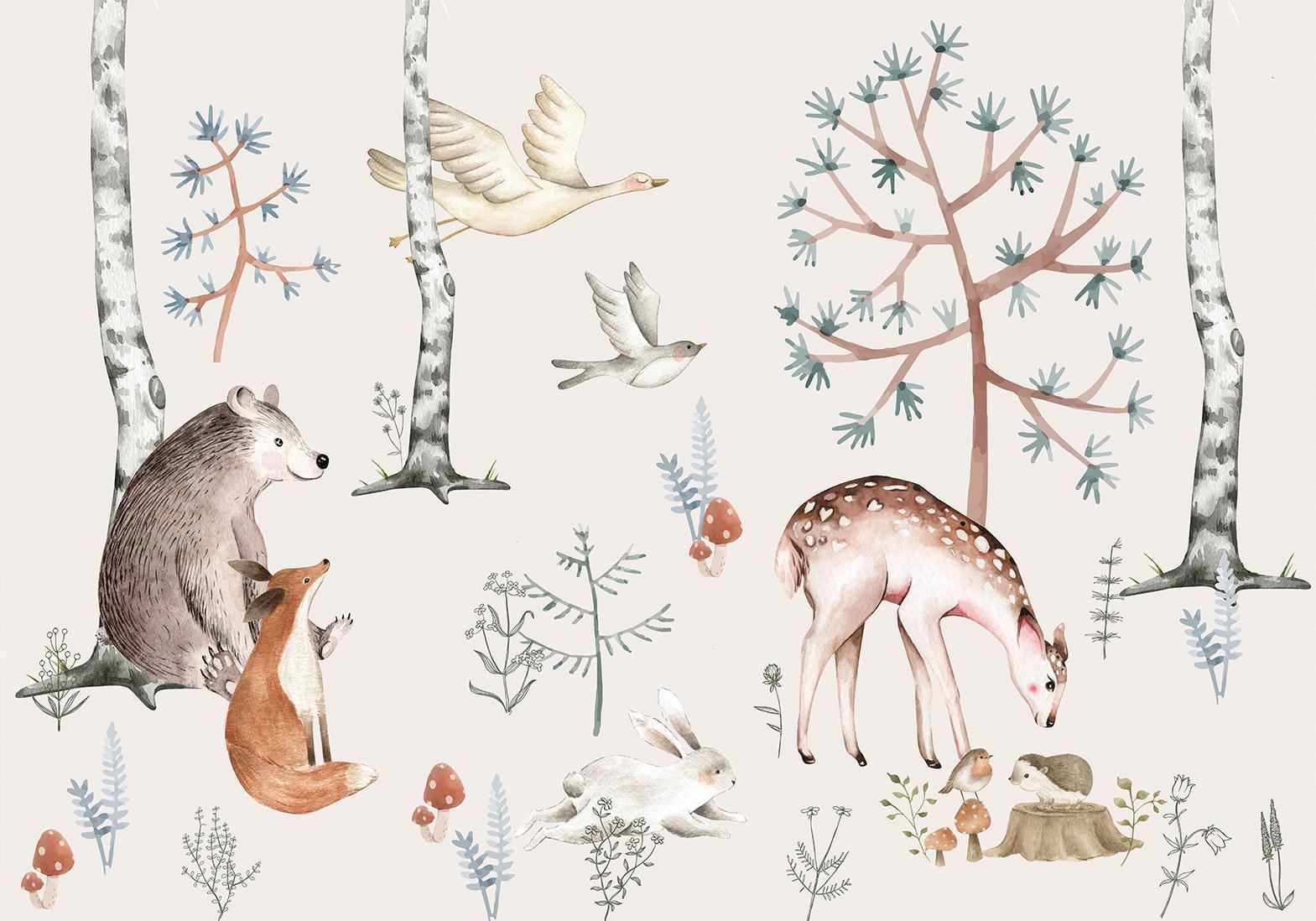 Papier peint - Forest Land With Animals Painted in Watercolours