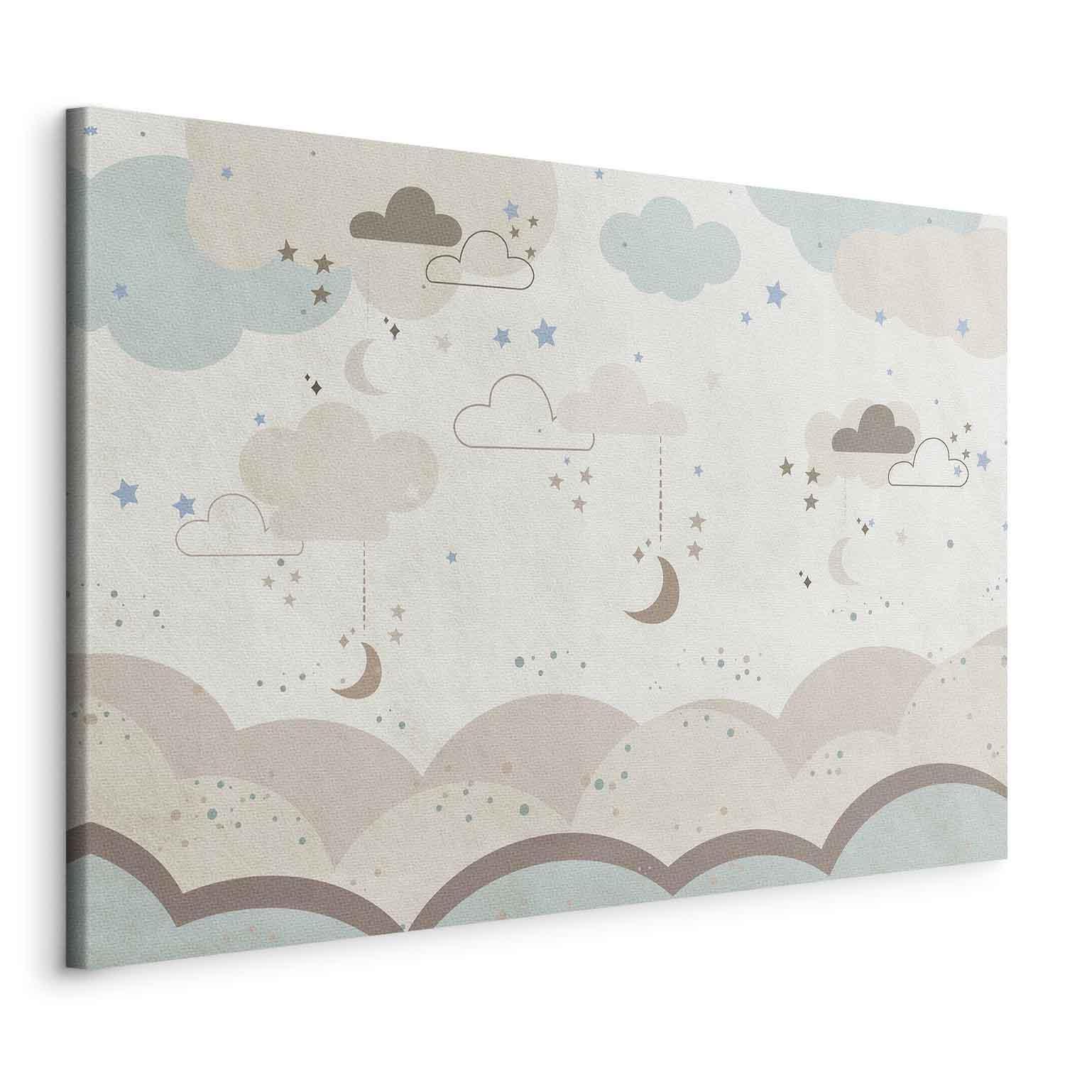 Tableau - Cloudy Night Sky - Moons in Brown and Beige Hues Among Clouds and Numerous Little Stars on a Light Background