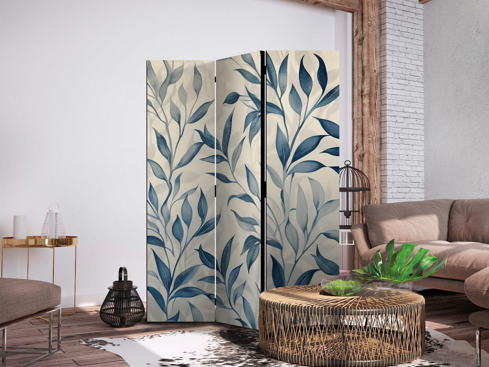 Paravent - Leaves in Blue Colors - Delicate Botanical Motif