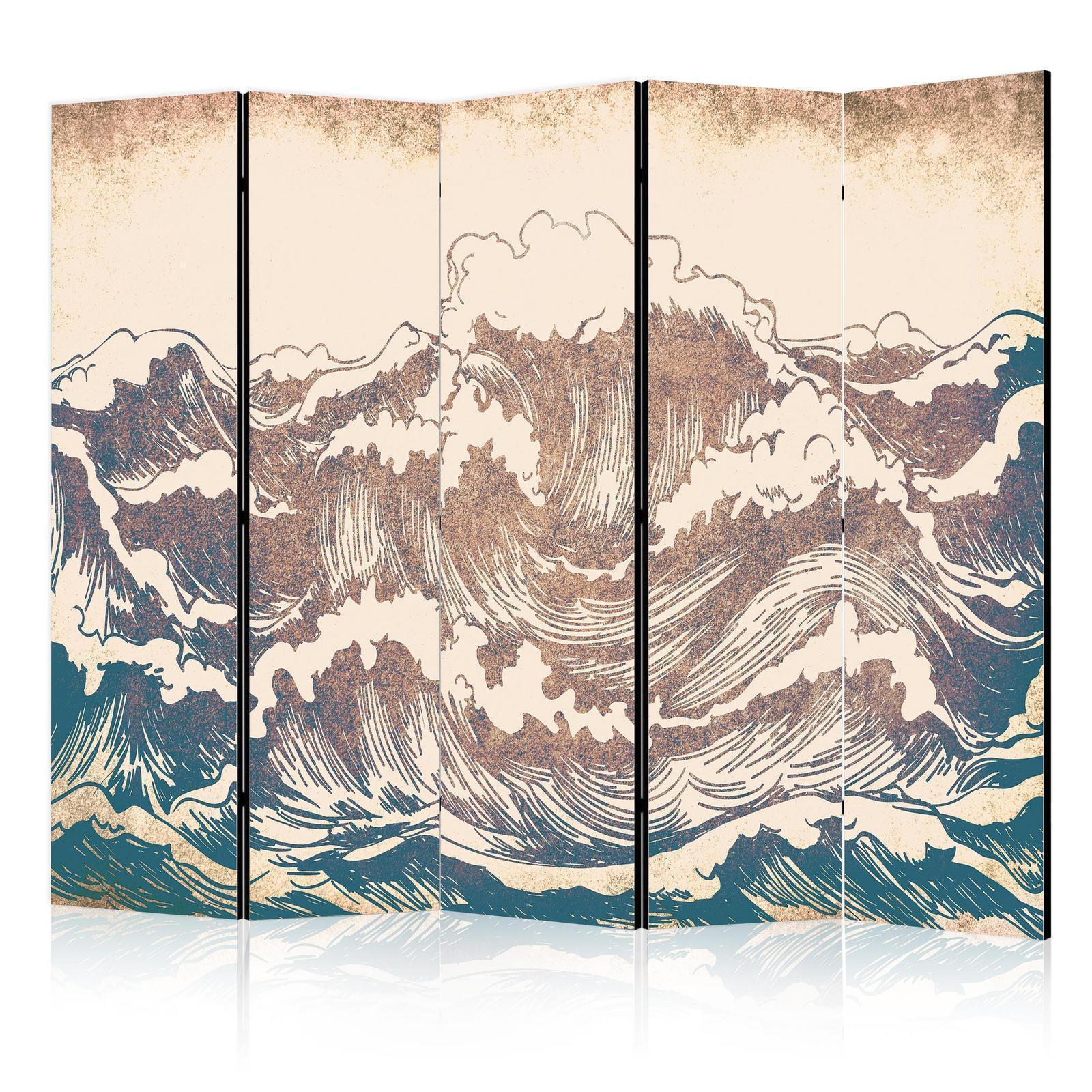 Paravent - Turbulent Ocean - High Waves in Brown And Navy Colors on a Beige Background in Vintage Style