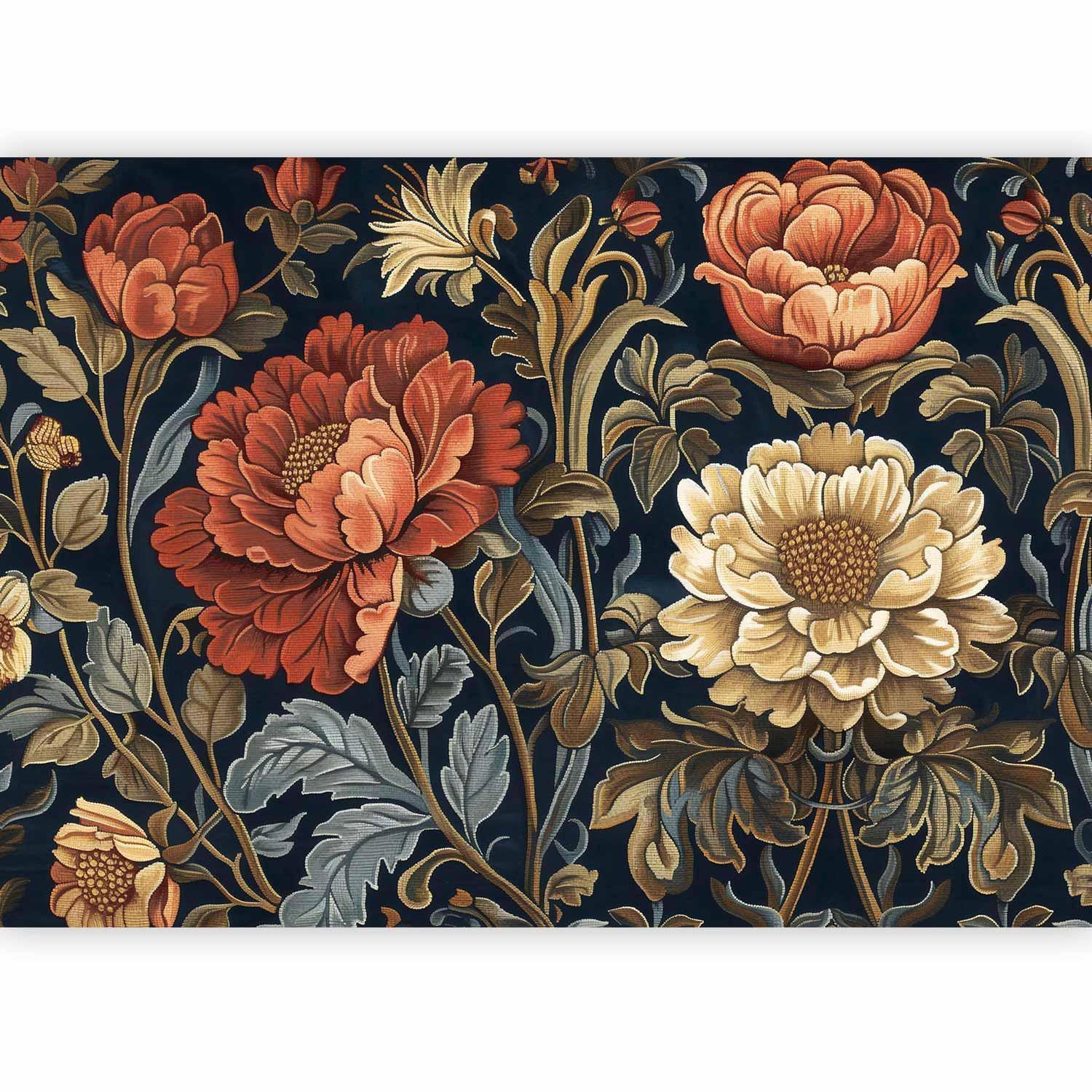 Papier peint - Tapestry Large Flowers Retro Floral Motif in Kilim Style