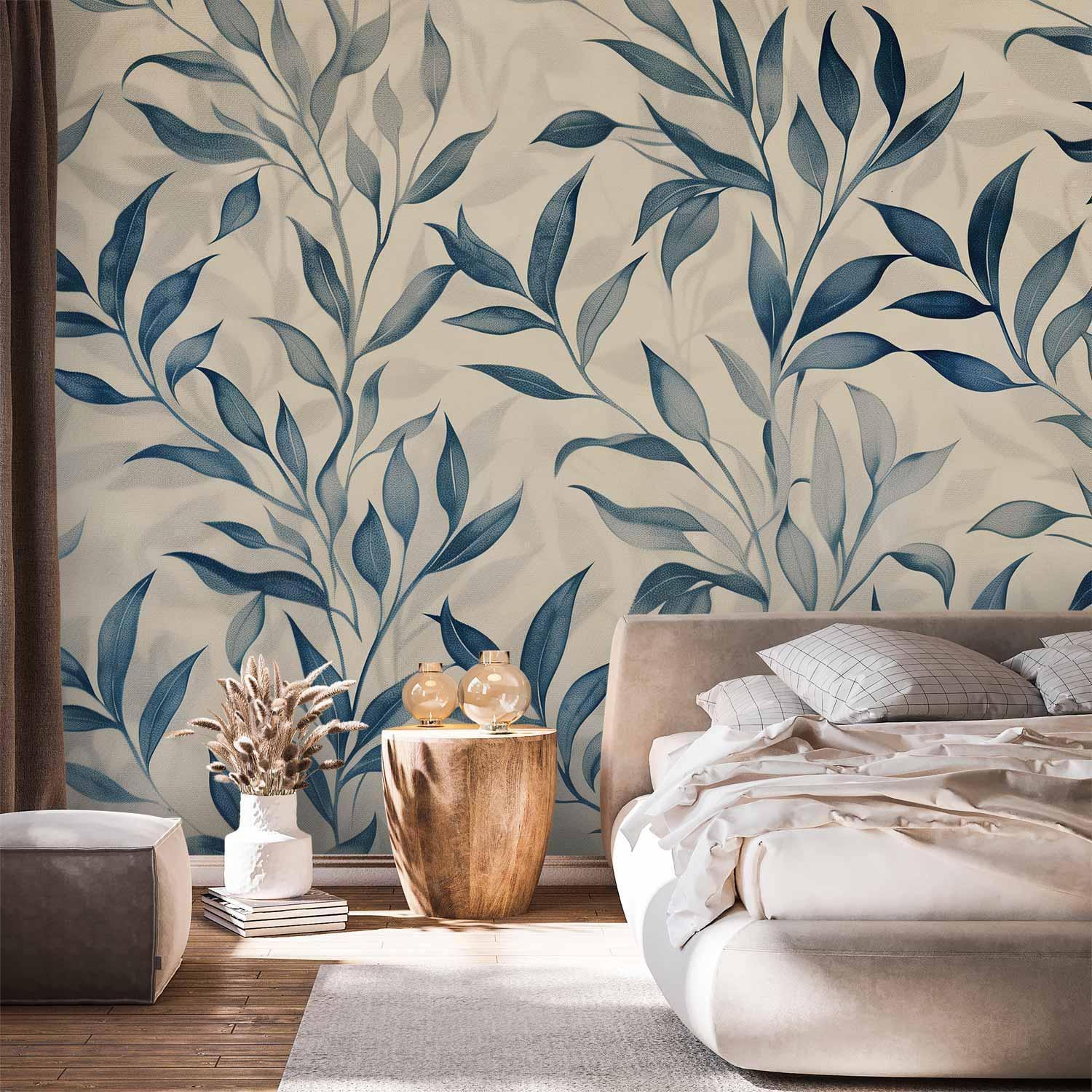 Papier peint - Leaves in Blue Colors Delicate Botanical Motif