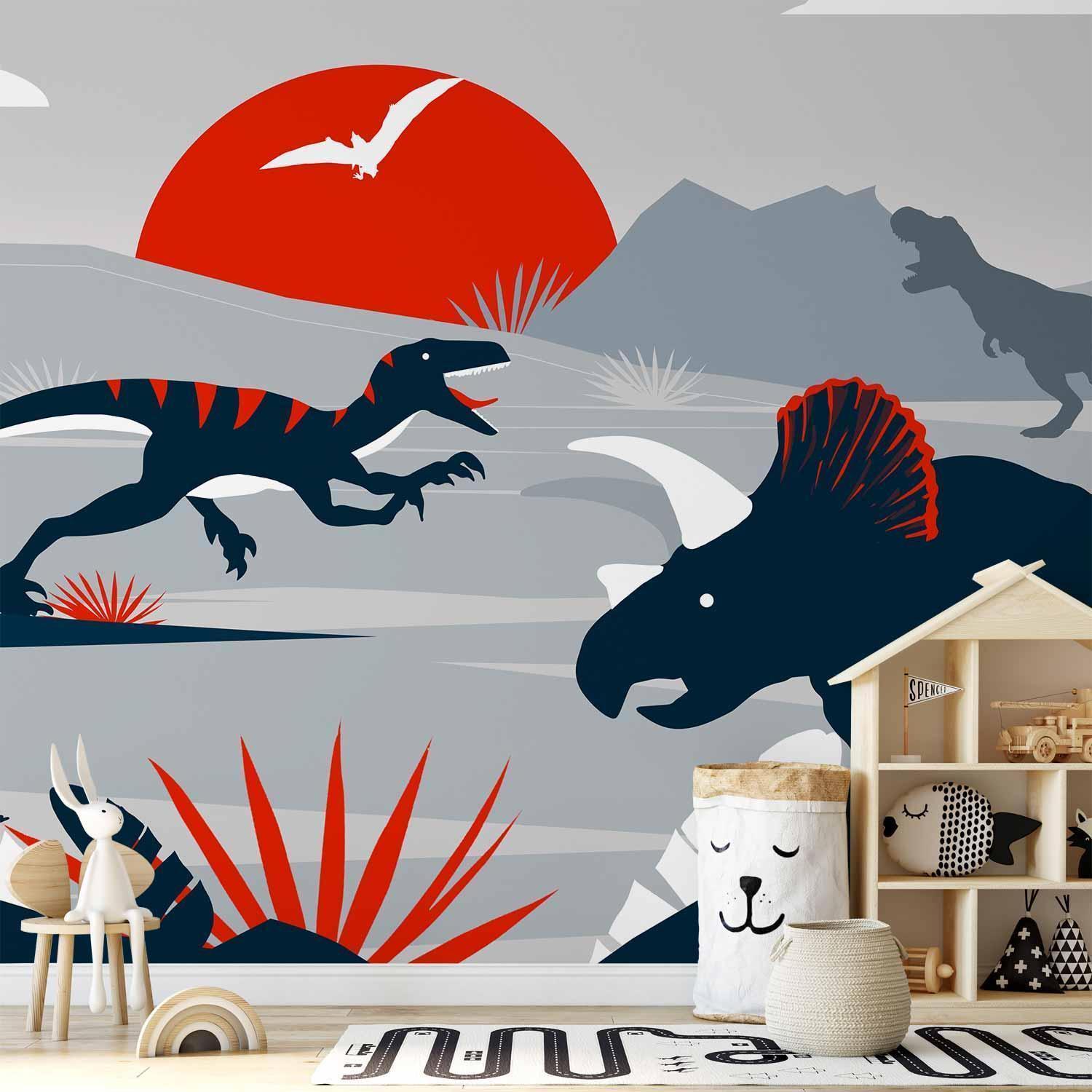 Papier peint - Last dinosaurs with red - abstract landscape for a room