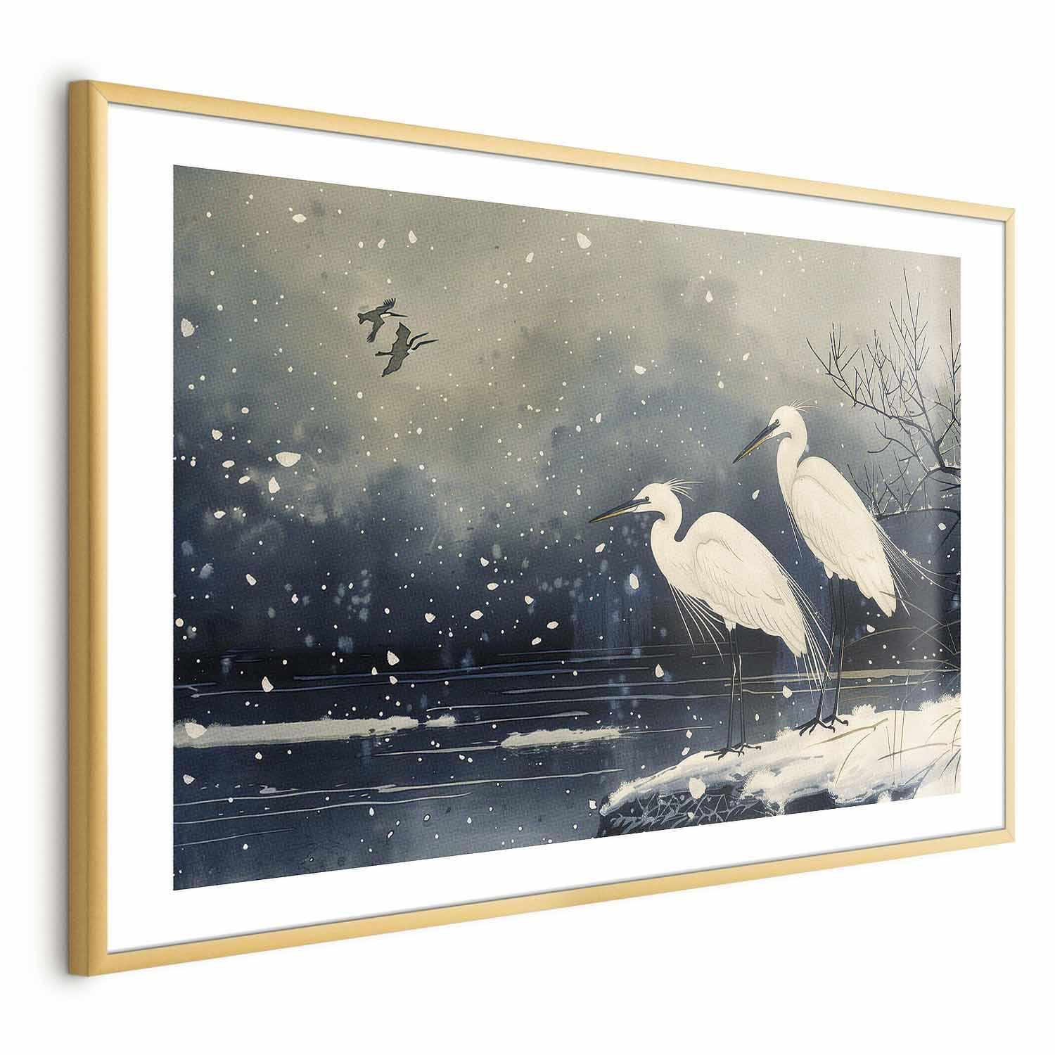 Poster - Herons over a Winter Pond - illustration in the Japanese style in dark colors