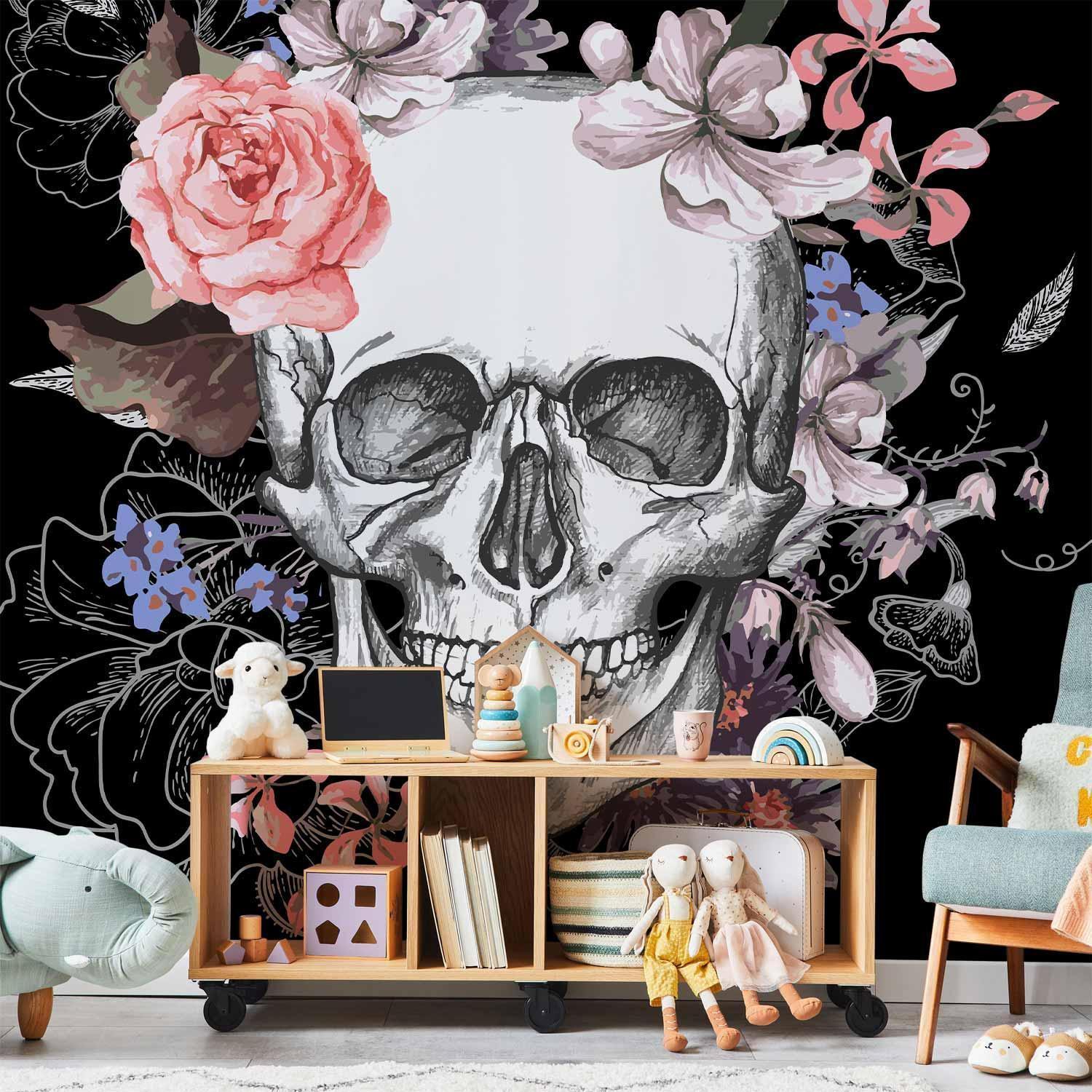 Papier peint - Skull and Flowers