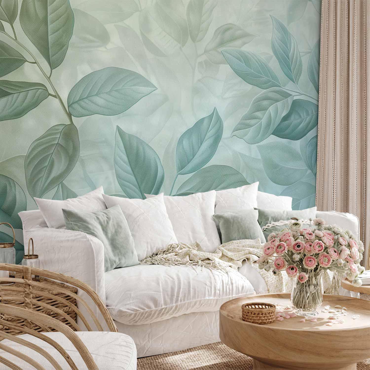 Papier peint - Large Leaves in Shades of Green-Mint: Botanical Motif