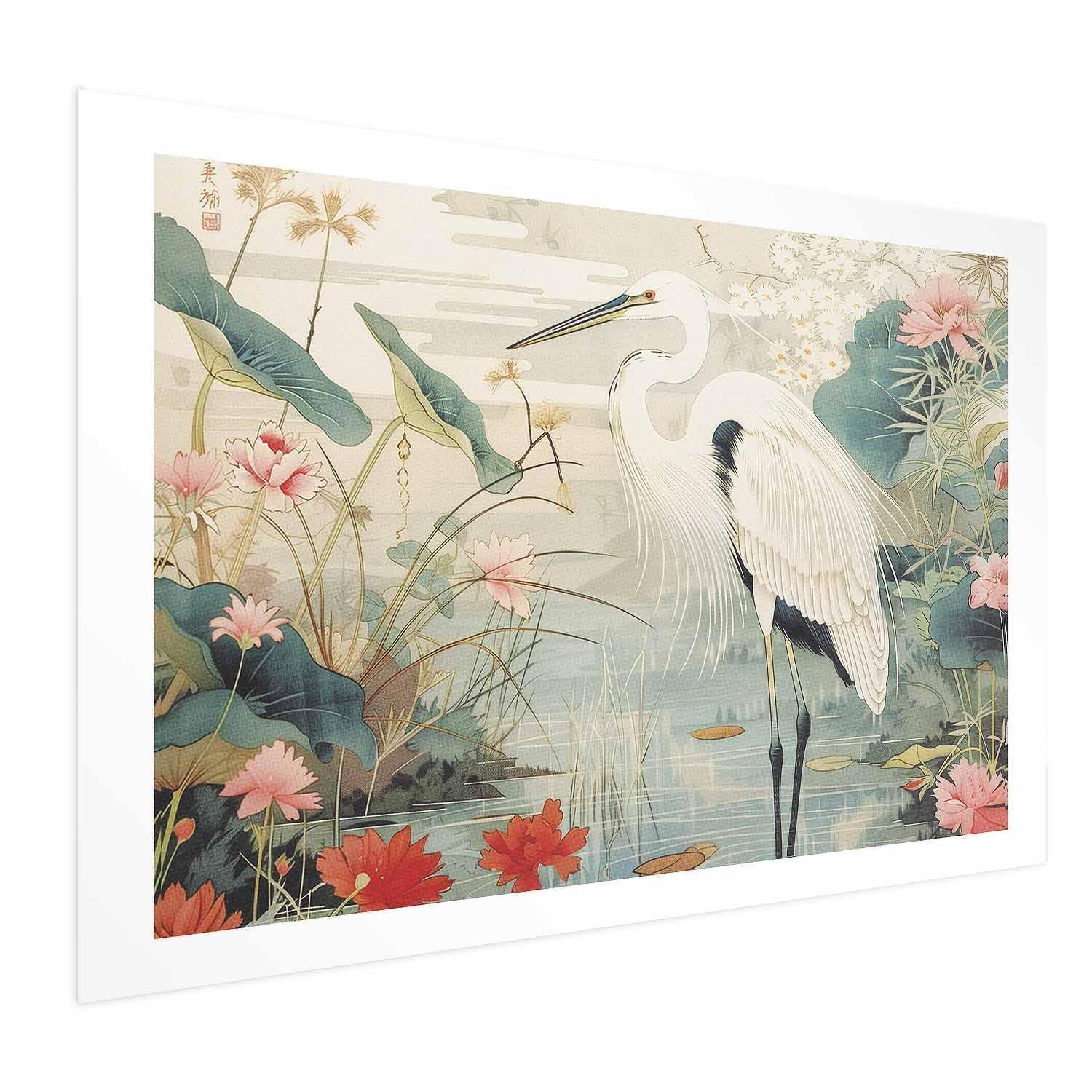 Poster - Over the Asian Pond - illustration in the Japanese print style featuring a heron