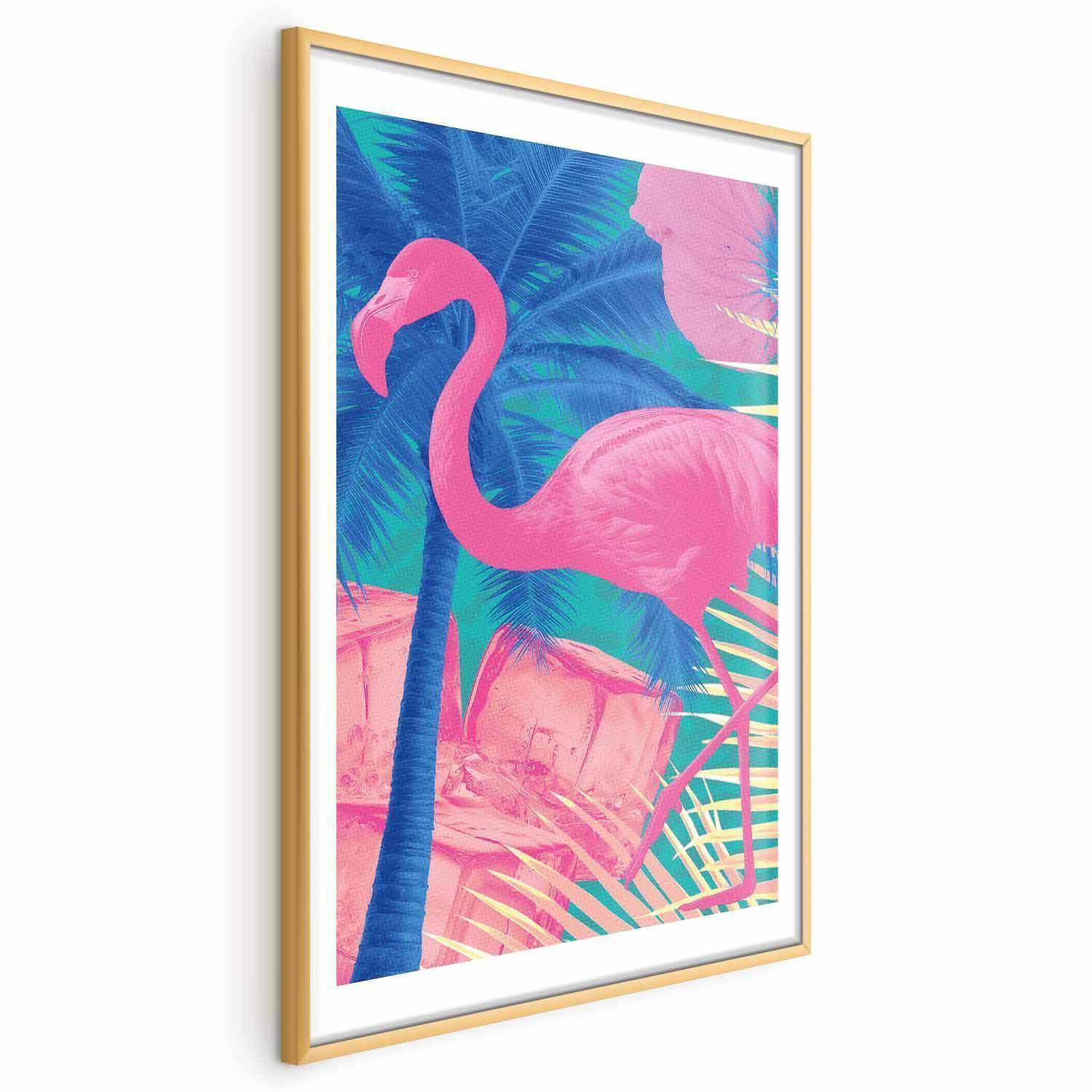 Poster - Pink Flamingo - abstract flamingo against a background of palm trees and ice cubes