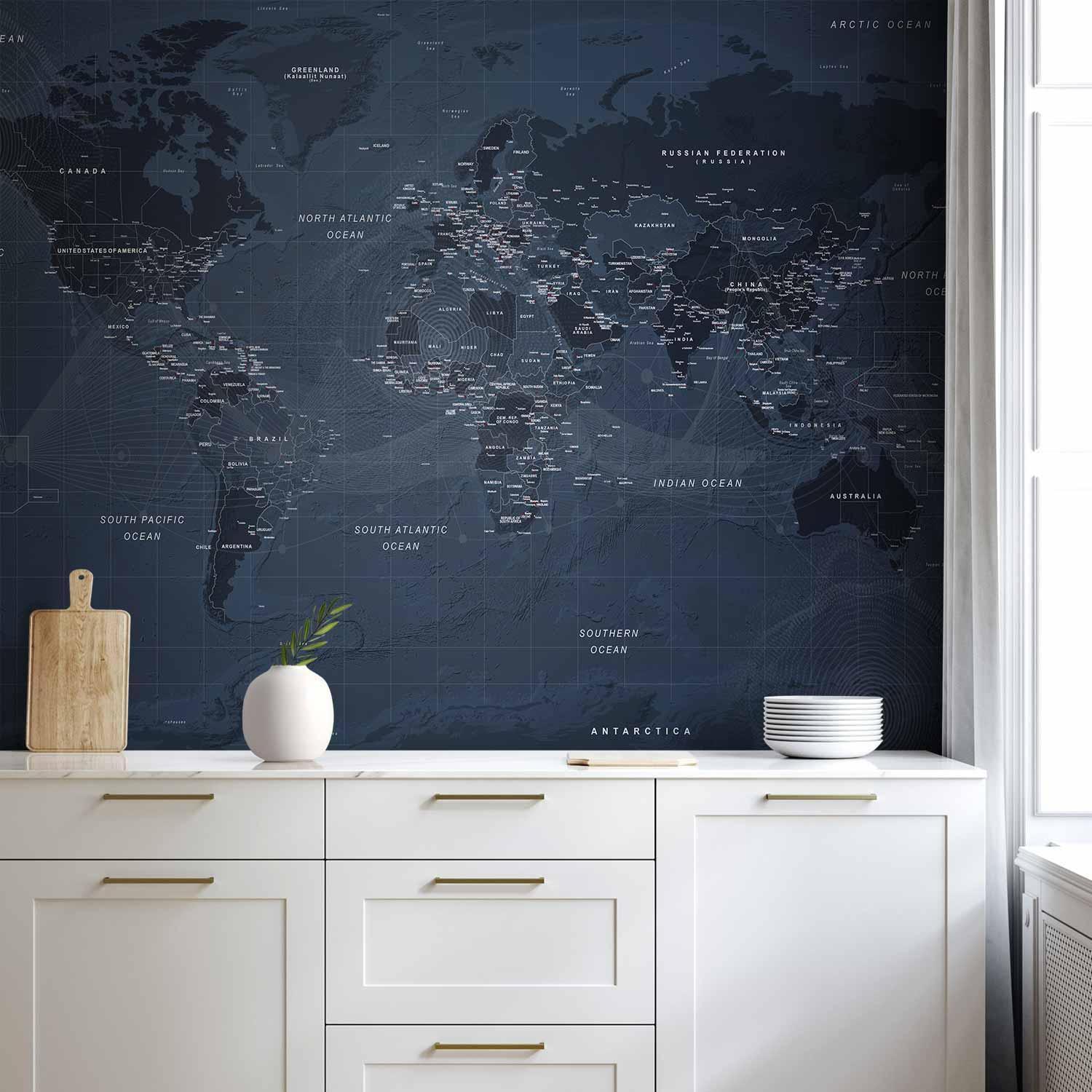 Papier peint - World map in blue - continents with inscriptions in English