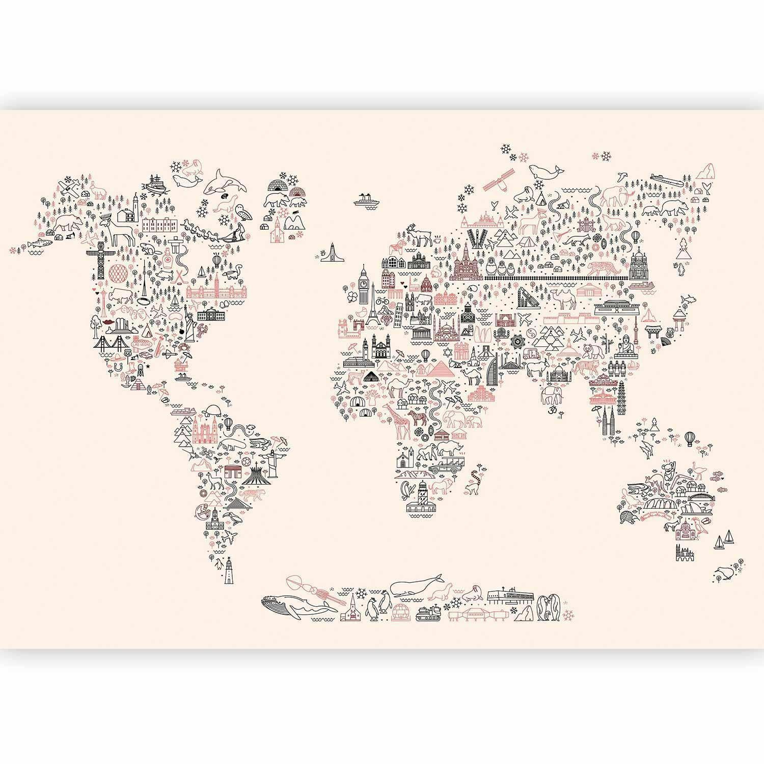 Papier peint - Map With Icons - Cartoon Representation of the World in Pastel Colours