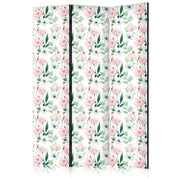 Paravent - Peonies - Pink and White Flowers and Green Leaves on a White Background