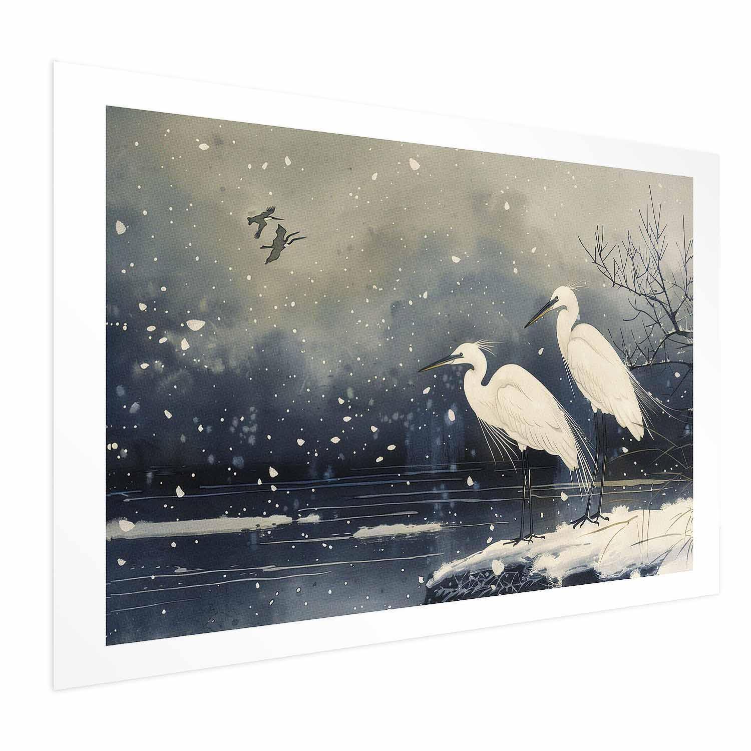 Poster - Herons over a Winter Pond - illustration in the Japanese style in dark colors