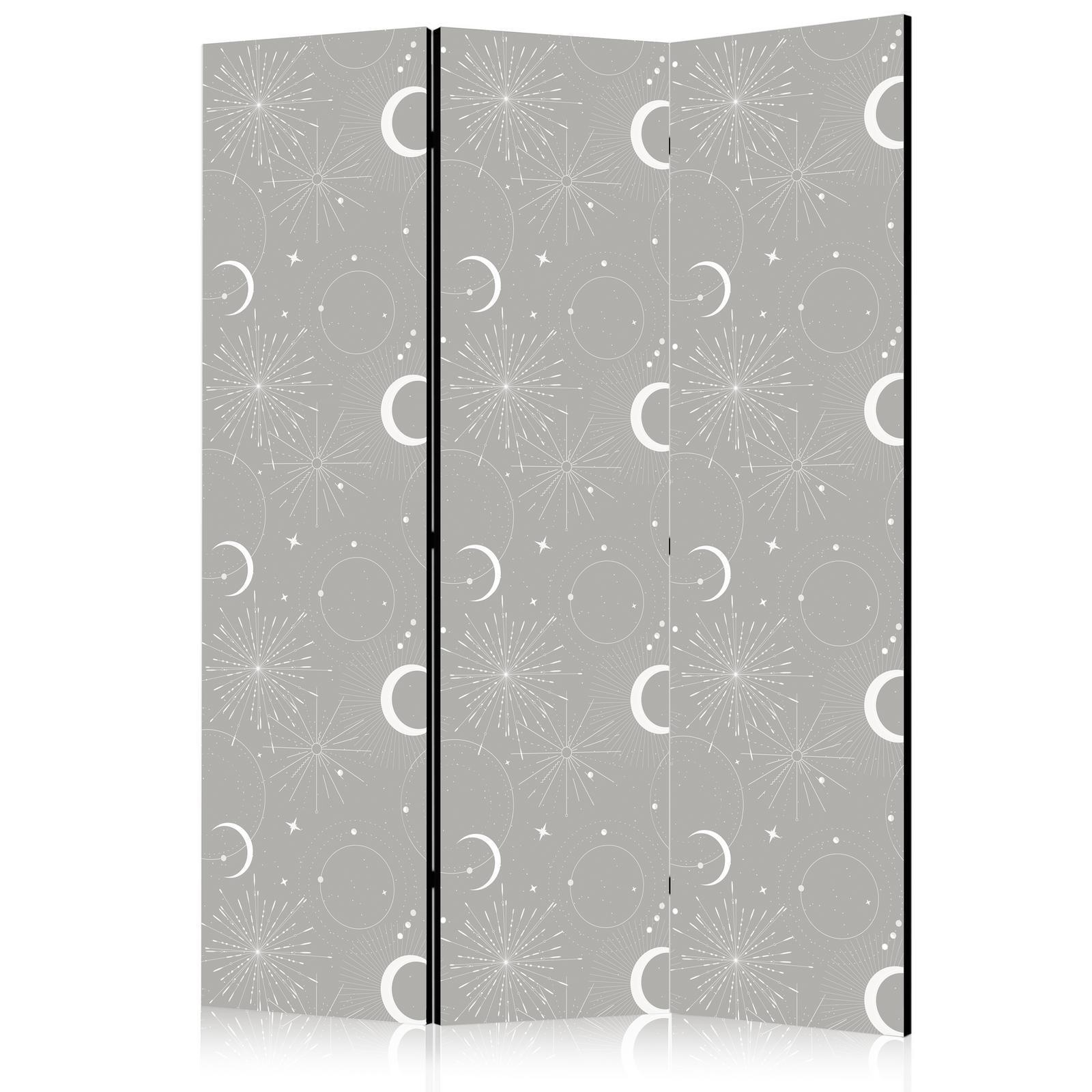 Paravent - Cosmic Fireworks - Elegant Pattern with Moons and Stars on a Gray Background