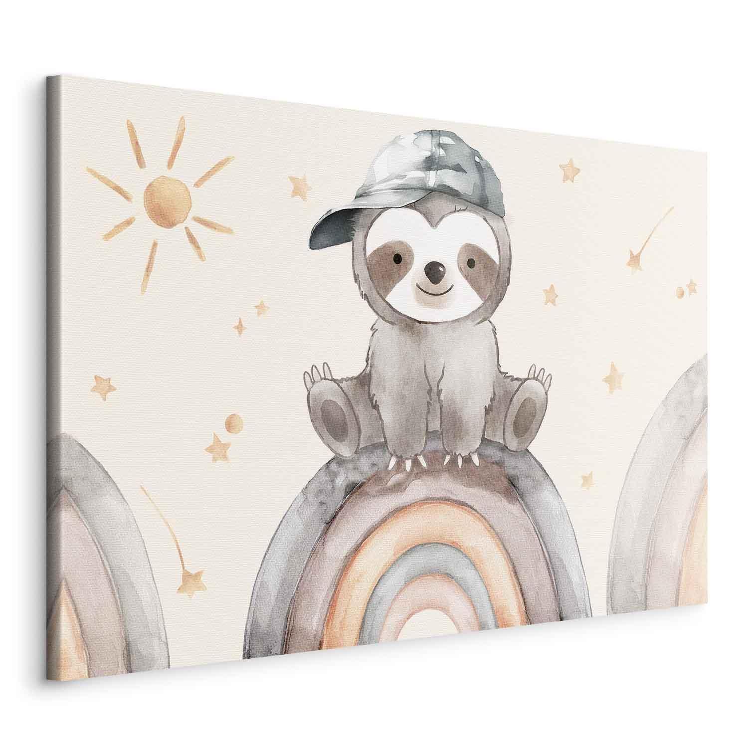 Tableau - Happy Sloth - Sloth in Subdued Colors Wearing a Cap Sitting on a Rainbow Among Little Stars