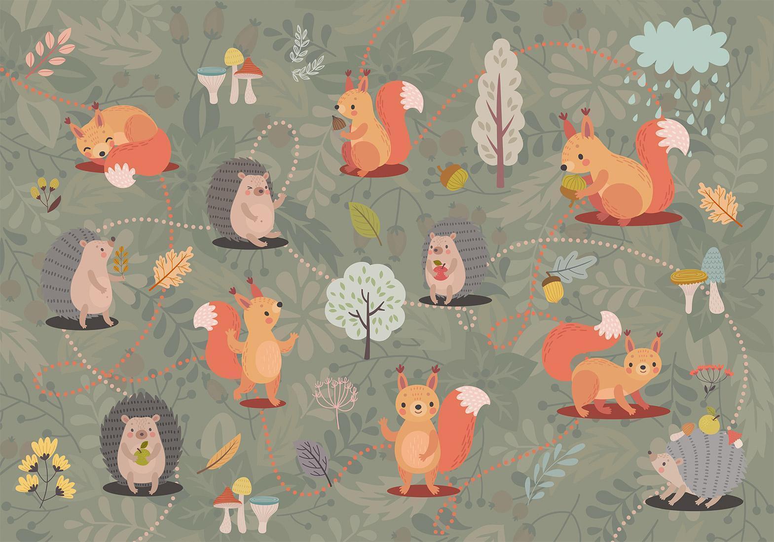 Papier peint - Friends from the forest - colourful forest with mushrooms and animals for children