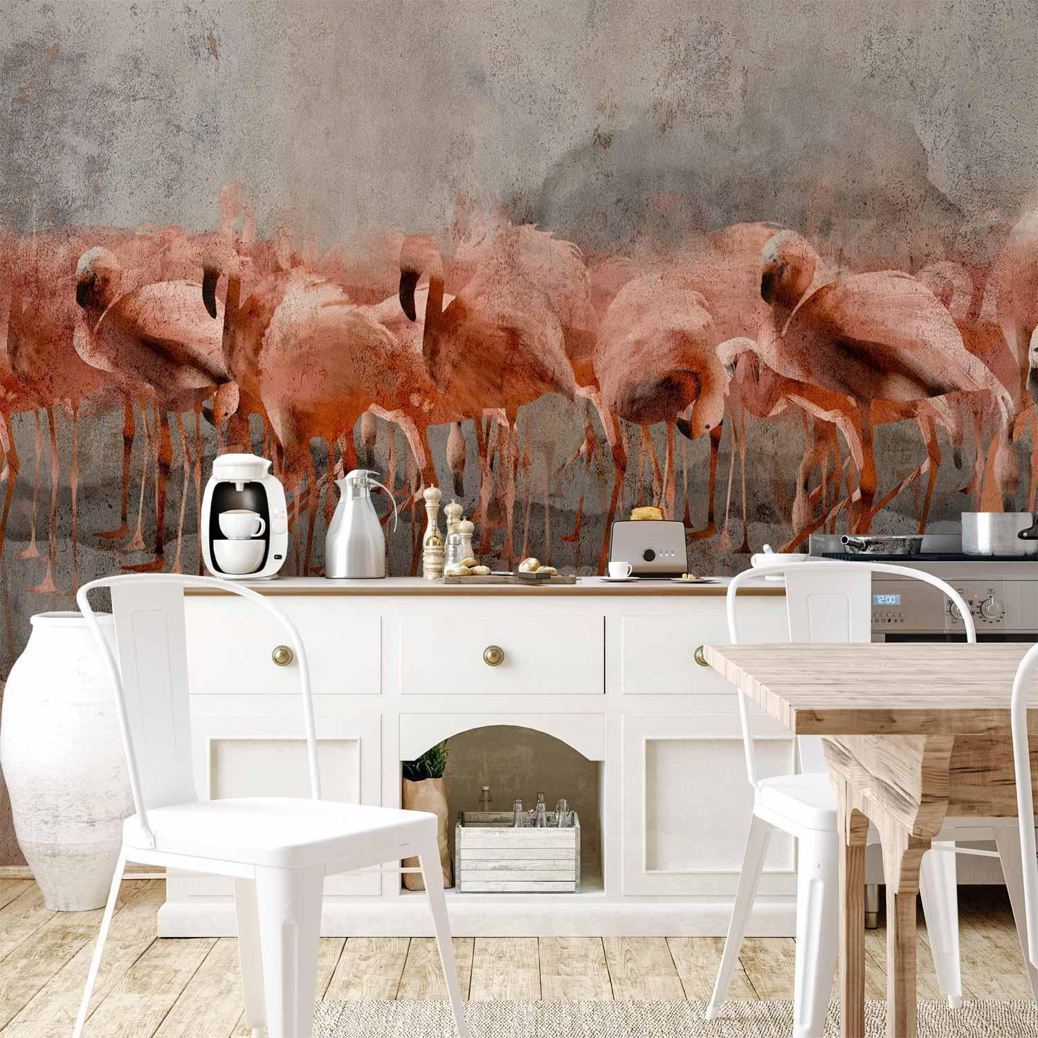 Papier peint - Exotic birds - pink flamingos with shadow on grey concrete background