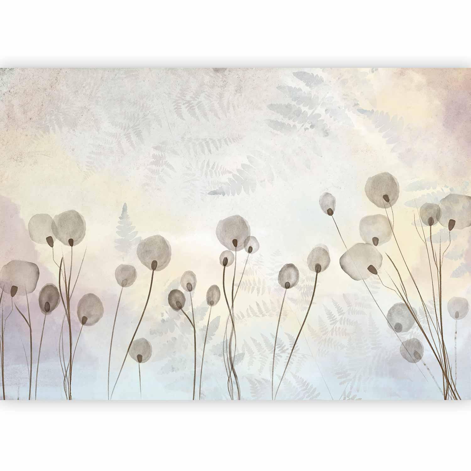 Papier peint - Minimalist meadow - floral motif in light shades with reflections