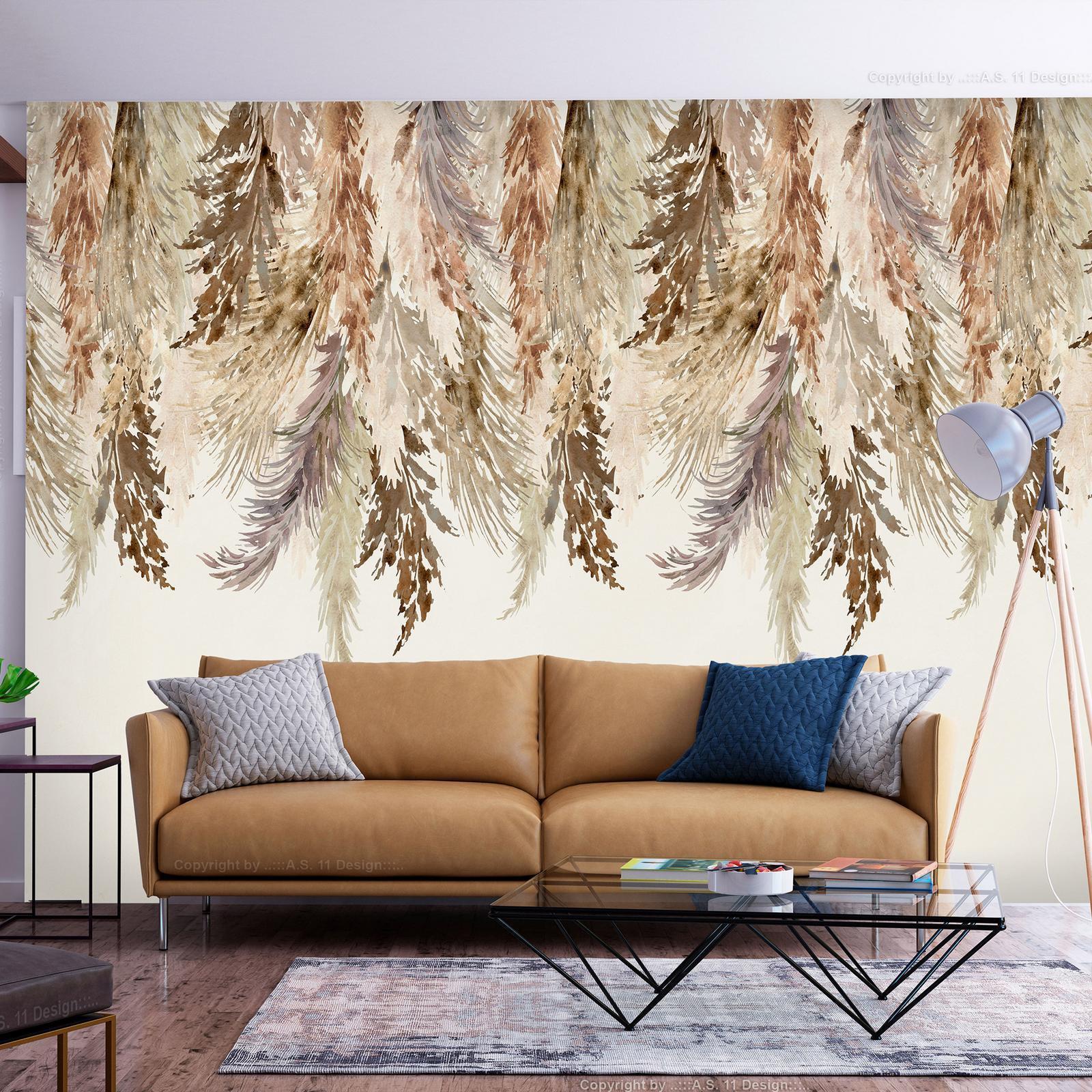 Papier peint - Minimalist boho landscape - dangling leaves in beige colours