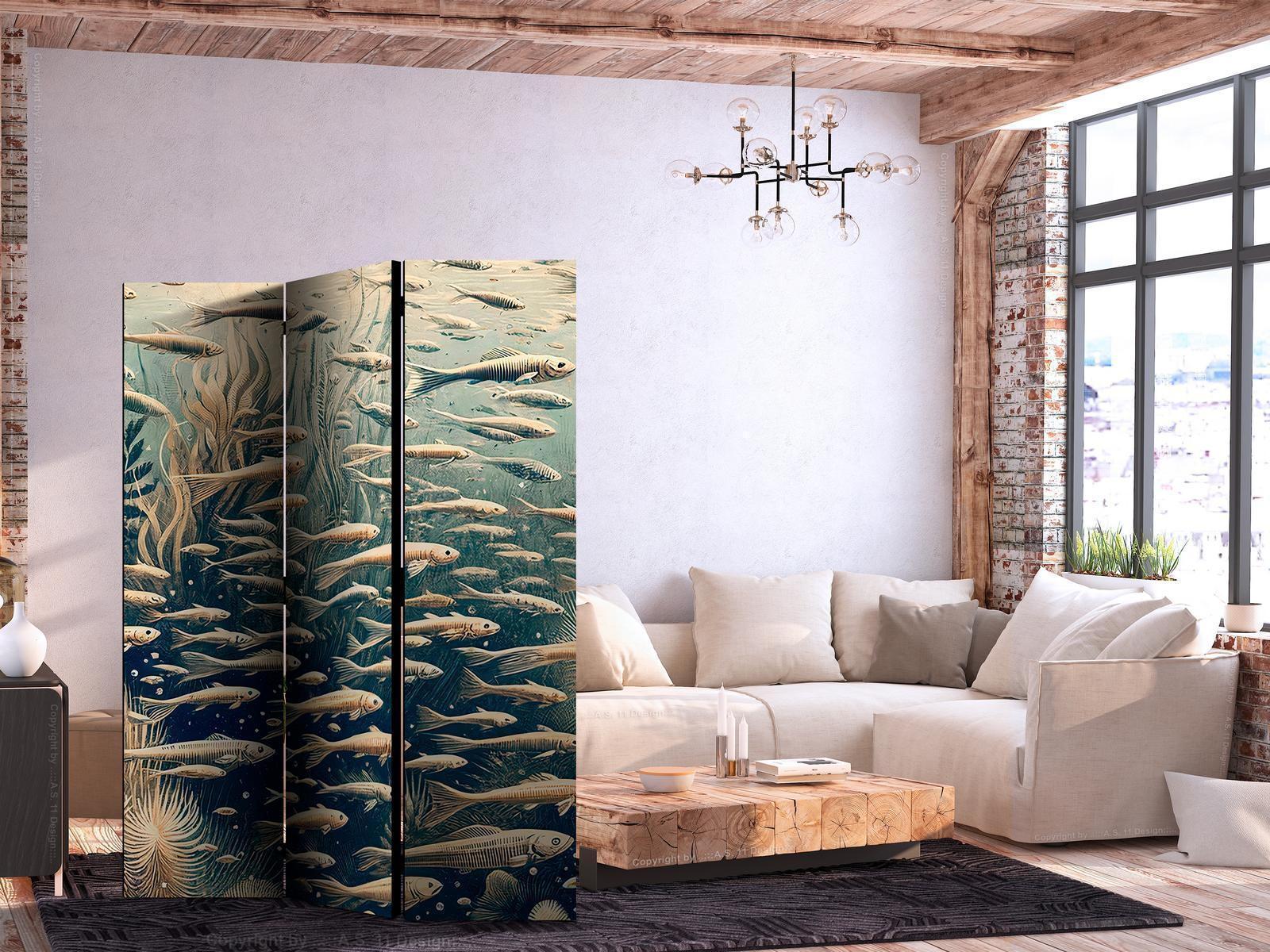 Paravent - Life in the Ocean - Underwater World of Fish and Vegetation in Beige and Navy Colors in Retro Style