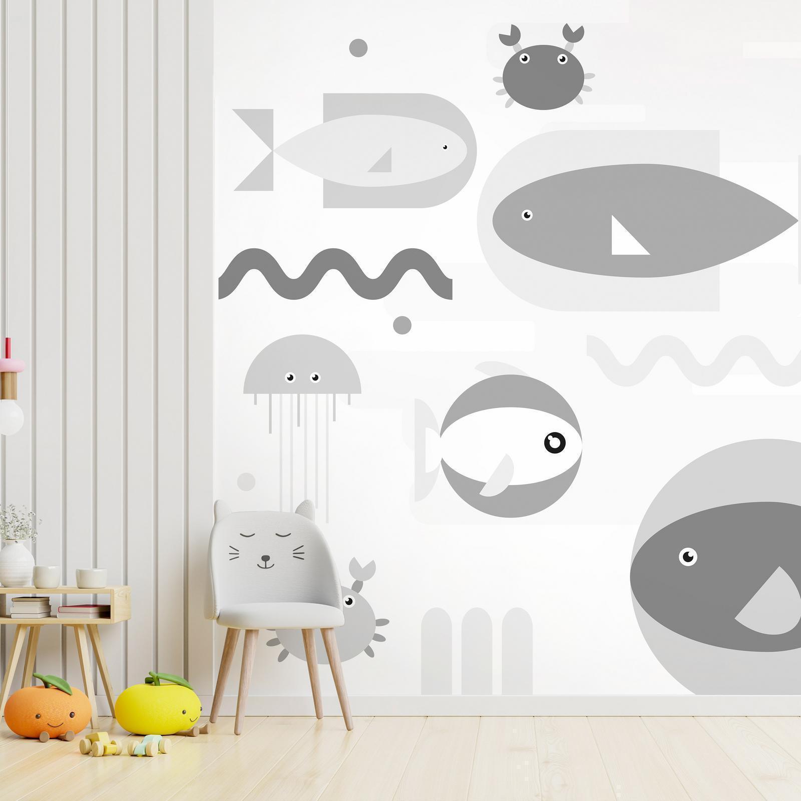 Papier peint - Minimalist grey ocean - geometric fish in water for children