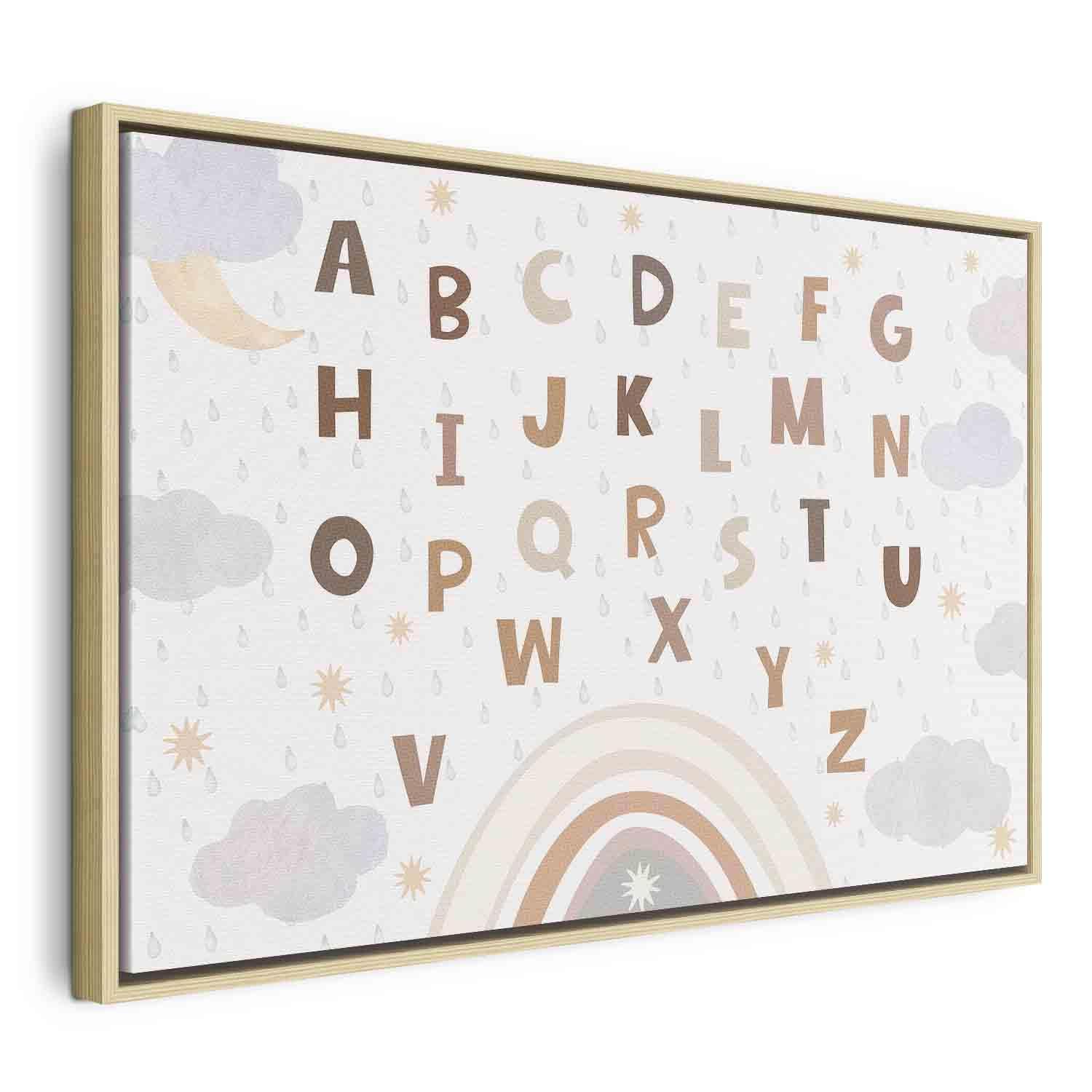 Tableau - Letters Above the Rainbow - Letters Among Streams of Rain and Clouds with a Rainbow Moon and Stars on a Light Background